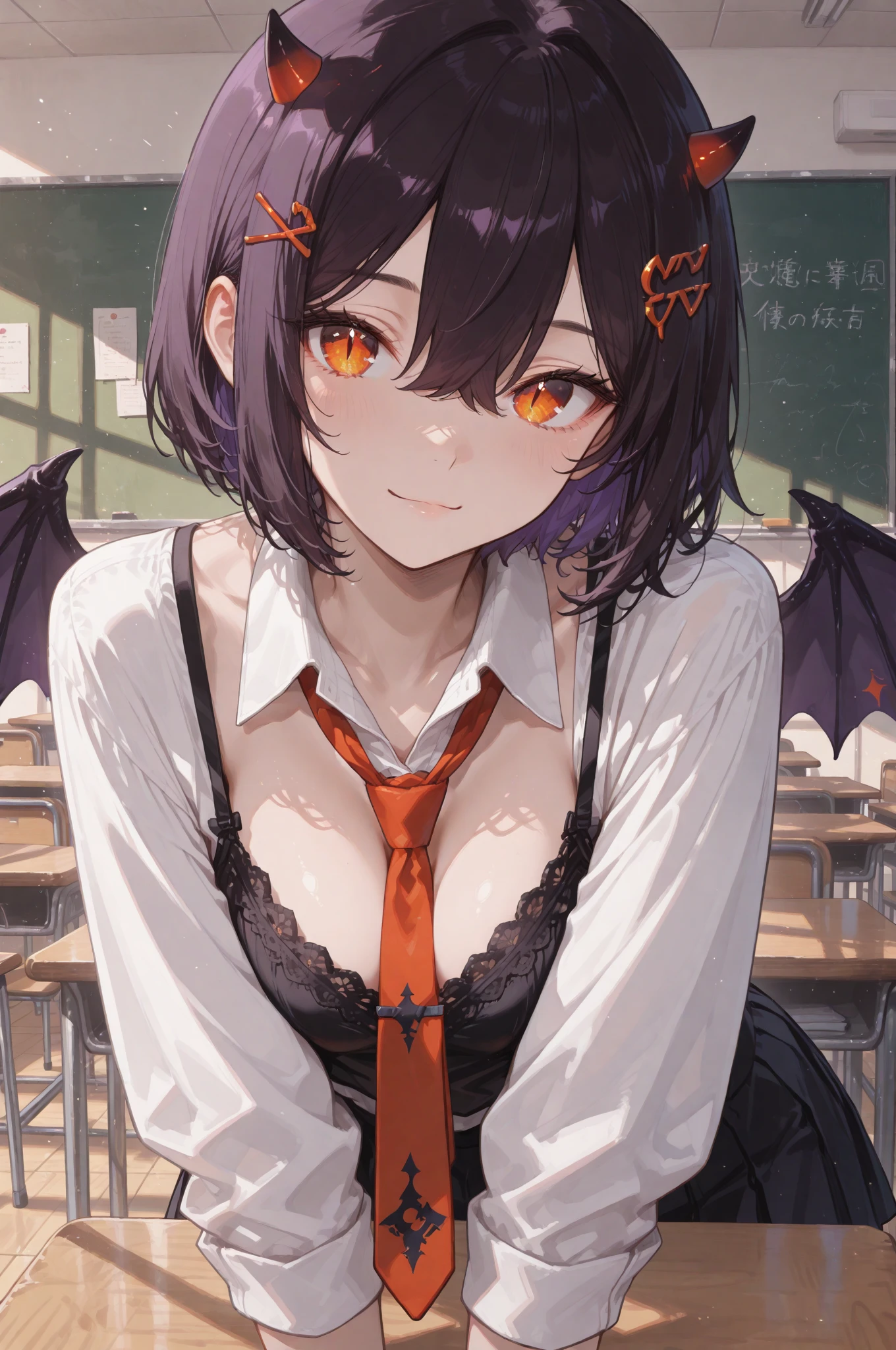 (kind_smile,biting own lip,red lips),epic-Ultra-HD-details, epic-Ultra-HD-highlights, anime-upscaled-resolution,(realistic, photo-realistic:1.37), precise and realistic hair:1.1), beautiful detailed eyes, extremely detailed eyes and face, awardwinning, amazing details, super detail, best quality, 1080P, 8k, masterpiece(fullbody shot:3.0), 1girl, asymmetrical bangs, Topless, (Exquisite business suit:1.5), glowing red hair,(short bobcut),(back side long single ponytails),(long single ponytail wafts to the chest),necktie between breasts, midlle breasts, Glowing, eyes, (bone devil horns:1.5), eye shadow, Eyeliner, devil tail, Black Halo, tattoo on breasts, hair strand, (((detail bones)))