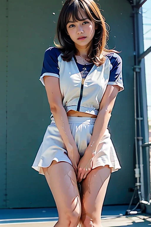 Female college student、22 years old、solo、(Browsing Caution:1.3), ((masterpiece)), ((Highest quality)), (Very detailedな), ((cute)), cute, (Lovely), ((Very detailed)), 4K, (8K), Highest quality, (beautiful), hyper cute face, shape, hyper Genuineistic, Genuine, (((From below))), whole body, Between the skyscrapers, (1 Girl, cute girl:1.5), (Female college studentのファッション:1.5),(Polo shirt、Pleated skirt)、((White panties))、sneakers、 beautiful light brown hair, beautiful brown eyes, ((beautiful eyes)), (the wind is strong, Hair is shaking,  The skirt is flipped up and the underwear is visible:1.3), short hair, (((Big Breasts))), ((Device tick type))、(While wearing (Showing panties to the camera))、