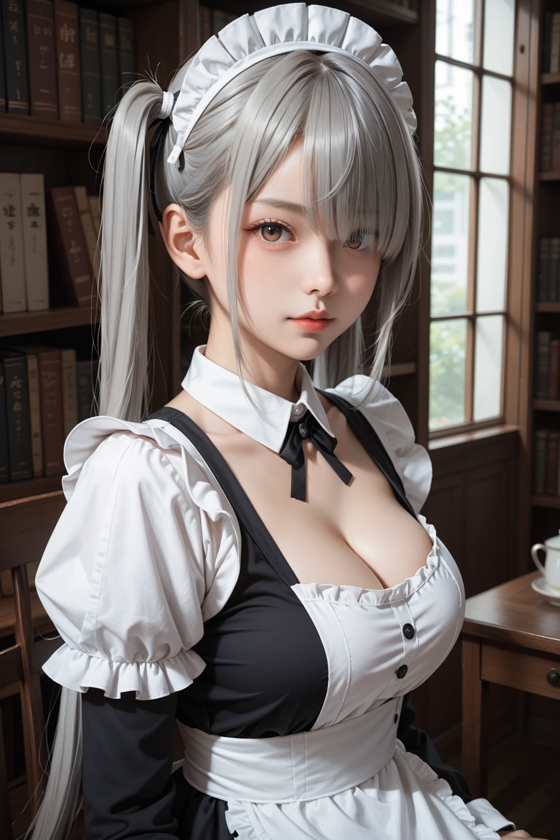 One girl, Solo, Top ponytail, Silver hair, Staring at you, Red eyes, Red contact lenses, Red lips, Waist length hair, Large breasts, Ball shaped breasts, Cleavage, Tight waist, Kind face, Beautiful Japanese woman, Smiling face, Five fingers, Reality, Maid costume