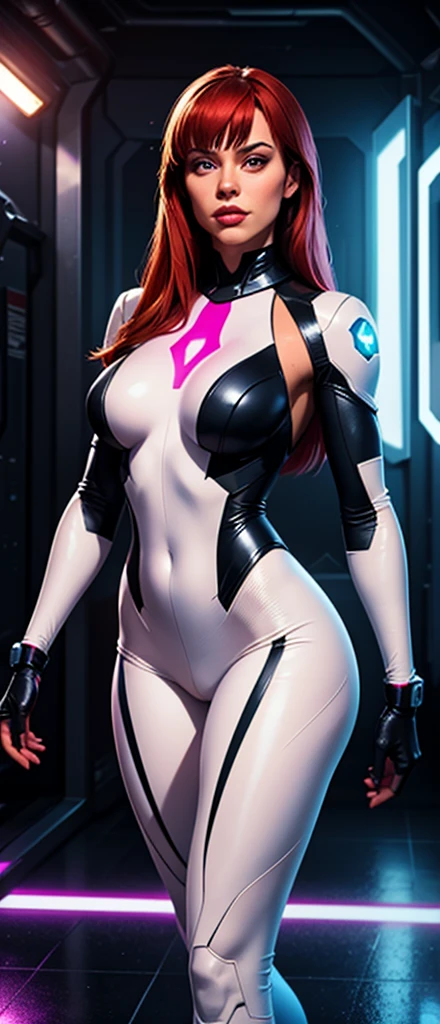 Realistic, Cinema Lighting, Cool pose, View Viewer, One girl, Russian women, 30 years old, Long Hair, Redhead, naked, spy, whole body, Are standing, (only), Street Fighter Art Style, zipper, zipper full length, Partially defrosted, blue eyes, White Background, Character Sheet