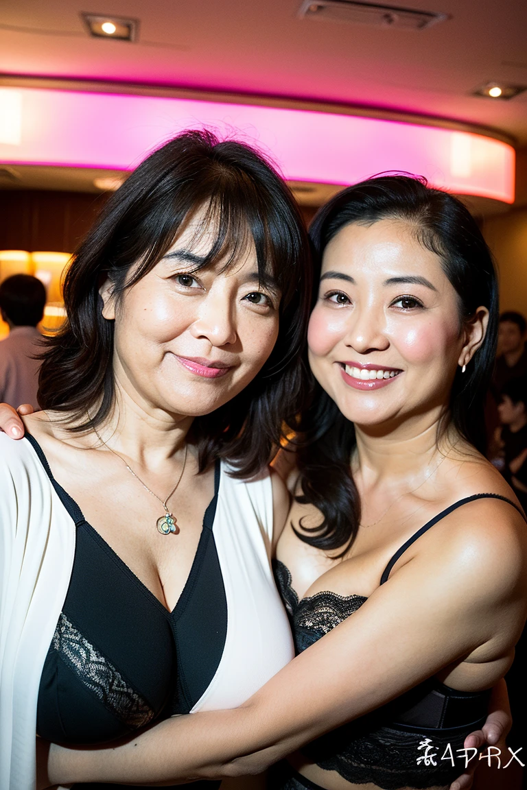 hyper detailed, absurdres, bar, old woman, (((soro))), delightful, smiling, cross-legged, sitting, (super large breasts: 1.32), looking at viewer, looking ahead, half updo, black hair, fair skin, wrinkles skin, detailed skin, detailed face, plump, glamorous, beautiful breasts, beautiful ass, pink tube top, dress, off shoulder, mini skirt, underwear, piercing, necklace, high heels, beauty mark, nail polish, chubby, delicate facial features, senior citizen, japanese, Scene of Pleasure, inside, in the bar, with a sofa, with a table, at night, ultra realistic photo, 2000s, nsfw, full body shot, wide shot, from front, extreme wide shot, cowboy shot