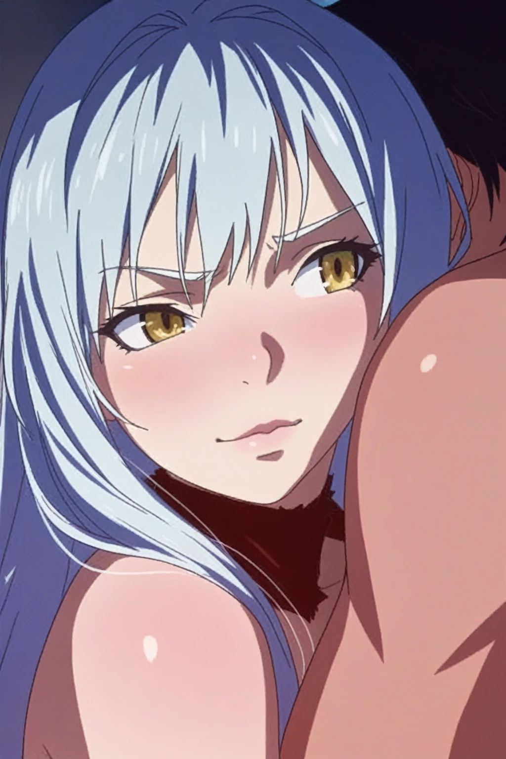 masterpiece, High resolution, anime,alone,Adult female, 8k, detailed, Perfect Face, highest quality, (super high quality),（Jujutsu Kaisen Art Style）, (Lying on the ground), (close ~ eye:1.3), （Open your mouth）,clavicle, topless, Medium breast,(Open your mouth;1.5), Perfect nipples,Cleavage, Blue Hair, Long Hair, dark blue eye, Stomach, , belly button, (White lace panties), White shirt fully open front, Fully open white shirt, (White color too), in the forest,Perfect body, Upper Body, blush,,Troubled expression, Troubled eyebrows,in the forest,