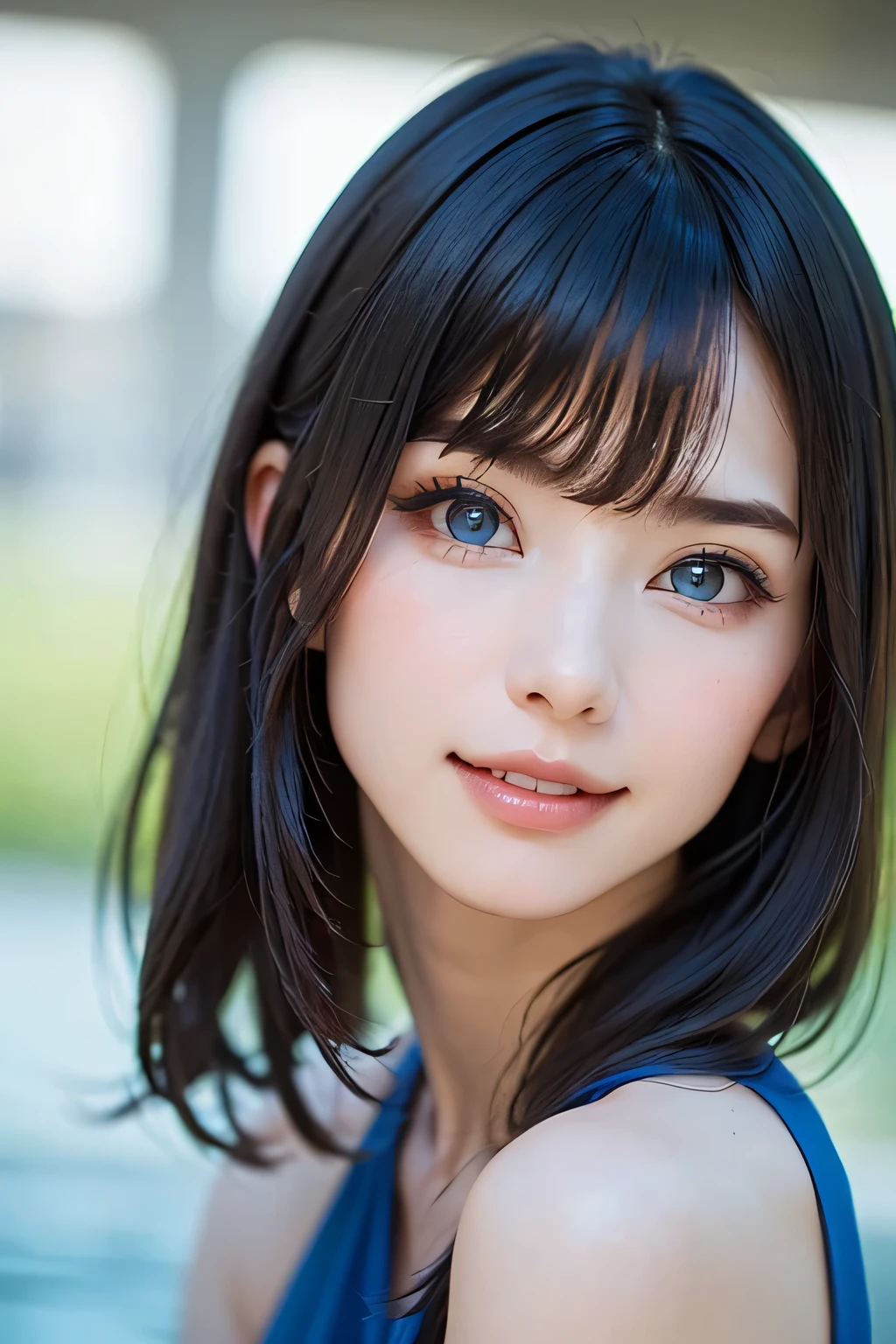 ((nsfw、top quality、best image quality、just one beautiful and cute woman、 A beautiful woman with a very cute golden ratio who boasts overwhelming beauty、The beauty of symmetry、realistically depicts everything in high resolution high definition、God of rich nature、Beautiful and cute face、 Eyes drawn in high resolution 、lashes drawn in high definition、Beautiful and cute symmetrical faces, A long, beautiful neck、bangs:1.6、Beautiful Décolleté、gloss、perfect anatomy、cute smile、Teen))、({gigantic|big|huge|mega} breasts, cleavage)、ideal ratio、Golden Ratio drawn in high resolution、perfect anatomy、 Transparency、sparkling、Off Shoulder、((beautiful teeth、expressive、Love projected on camera、I'm a little shy、bangs, beautiful landscape with only rich nature and bright green in the background、moist blue background of water、beautiful blue sky))