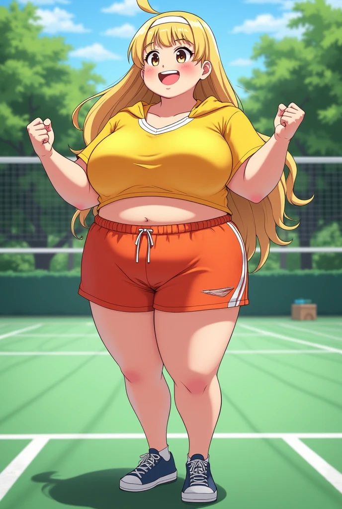 amicia michella - nijisanji, 1girl, (((bimbo))), brown short hair, yellow inner hair, wavy hair, green eyes, detailed eyes, (((bimbo))), thin lips, painted lips, shy smile face, wide hips, thick thighs, huge round ass, shiny oily breasts, sports bra, full body, sunset, track field, run pose, nsfw