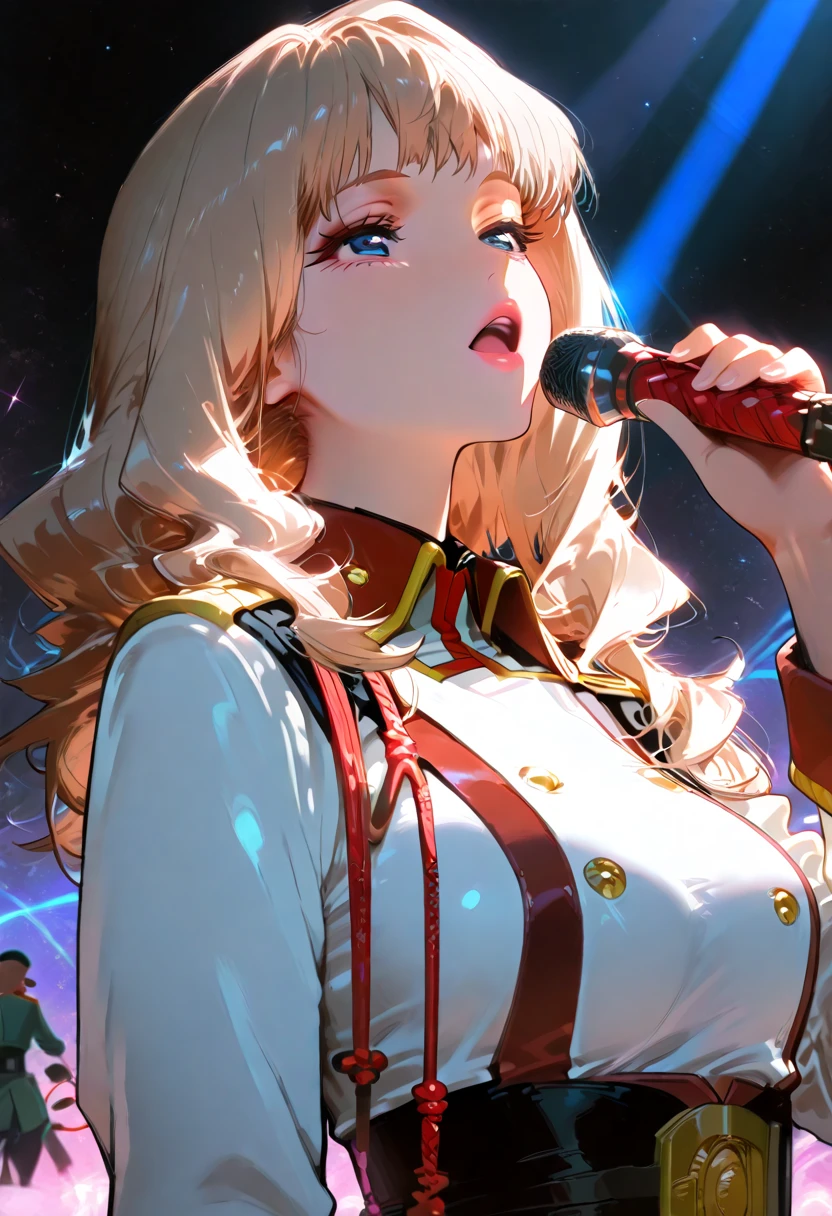 ((The background is a concert:1.6)),((spotlight lights:1.6)),((Face lighting:1.3)),((Top quality, 8K, Masterpiece: 1.3)),((Downward view:1.5))，cinmatic lighting，full bodyesbian，entire character，Long legs，Beautiful girl concert，tmasterpiece，8K，high definition resolution，cinmatic lighting，theater，lamplight，perform，Teenage idol，((microphones:1.5))，Concert，performance，Fashionable clothes，singers，idoly，com rosto detalhado, ((Ultra-detailed)),((Delicate face)),(high light,Gradient hair), GSHea，Look at the viewer, ((Distant view)), Strong light and shadow, Cinema lenses，tmasterpiece，Super quality，theater stage，Beautiful girl singing through microphone,  Wear stage costumes,  singing on stage,Stylish lenses，beuaty girl, Junior Star,  Wear crop tops, he is a rockstar,  regal pose,  Pop rock punk style,