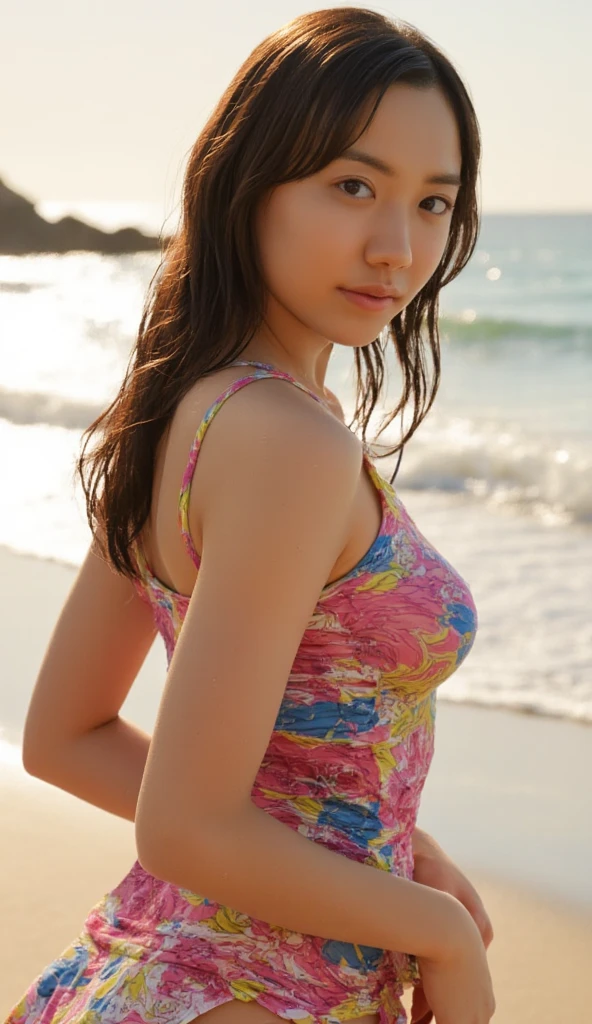 An 18-year-old as cute as an idol、Smiling Kindly、Medium size chest、Cleavage、Stroll along the sandy shores of this beautiful beach、Daytime、Full body portrait、RAW Photos、Genuine、realism、live-action、RAW Photoasterpiece、Highest quality