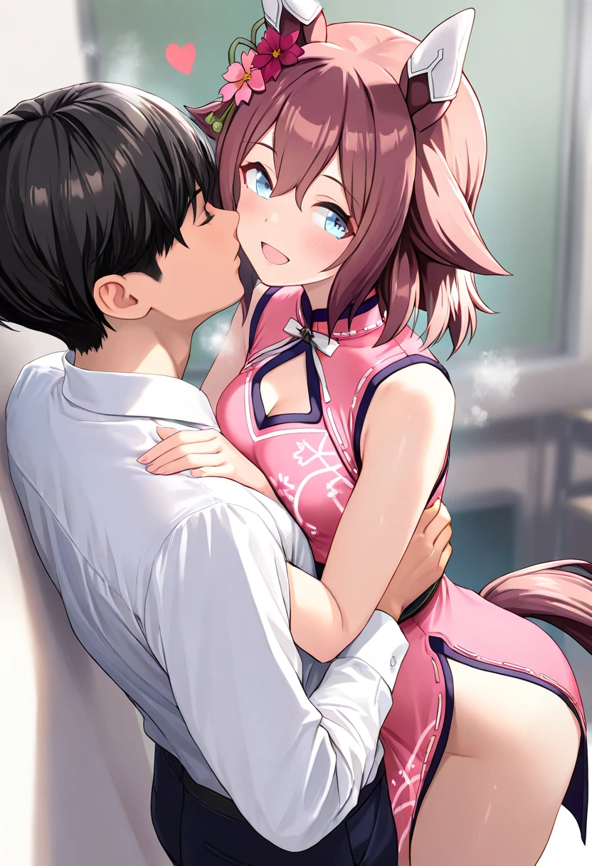 Young girl with pink hair, long twintail hairstyle, ((small bushy eyebrows)), wearing lolita dress, lolicon (Zankuro) drawing style by zankuro artist, Zancrow style, image uploaded in R34, walking in the mall, flirty smile , suddenly having sex in public, ((doggy style sex)), ((public sex in a restaurant)) naked ass in the male crotch, perfect anatomy, young boy fucking her