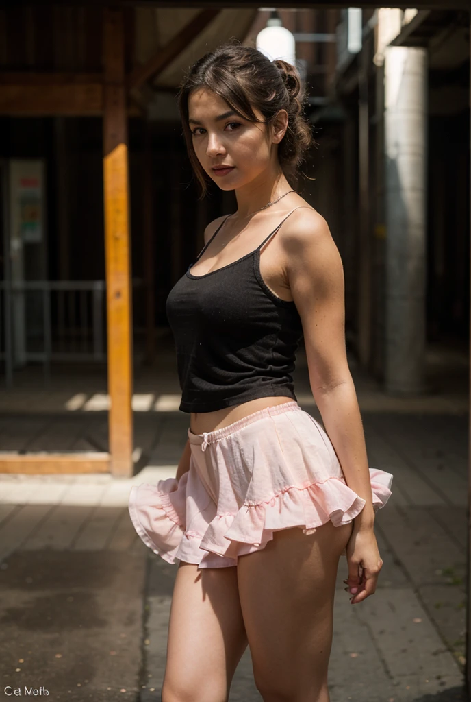 beautiful indian princess, (small breasts), wearing pink teeshirt and black miniskirt, red lipstick, small breasts, standing facing the wall, on the sidewalk in deserted urban alley, pink socks, full body shot, high res, night, rain, dirt streaks on body, raining, side view, mouth open, hands on wall legs spread, facing wall, hair in bun, eyes closed