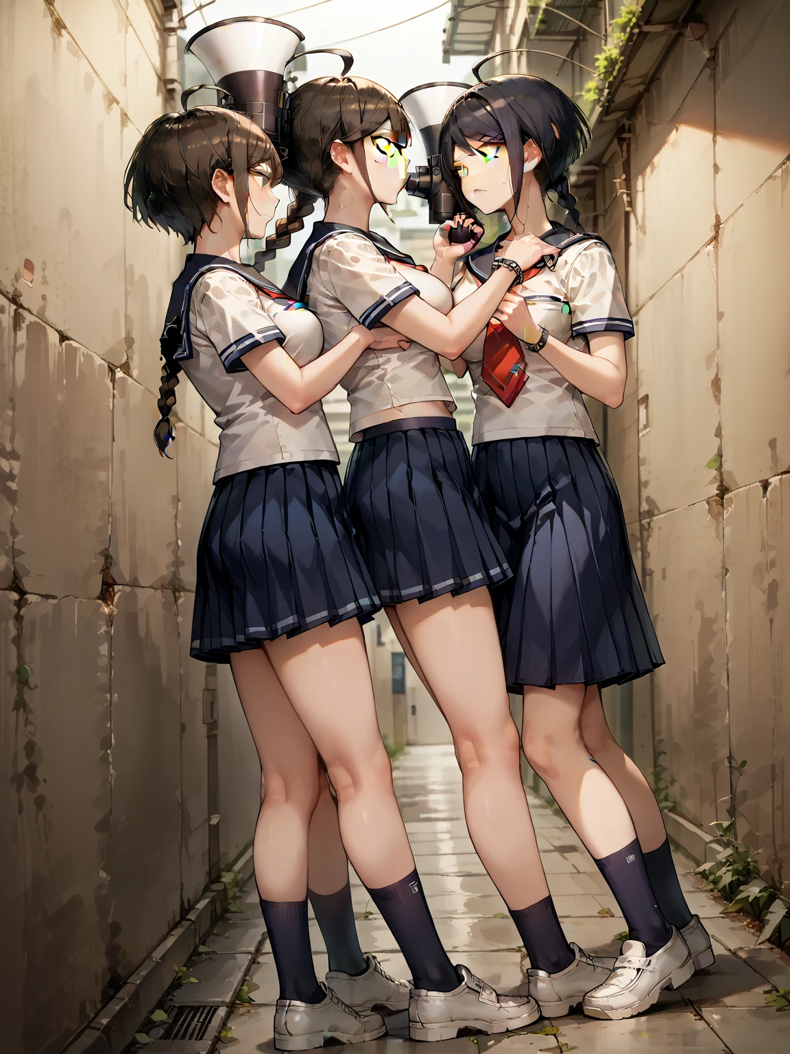 (Three Woman in front of classroom), kid teenager and adult , ((white crop top sailor suit)), blue student skirts, open navel, open belly, (show abdomen area), ((tied up by chain,arms up,)), ((crying)), standing , (ready for spanking), (long shot), 