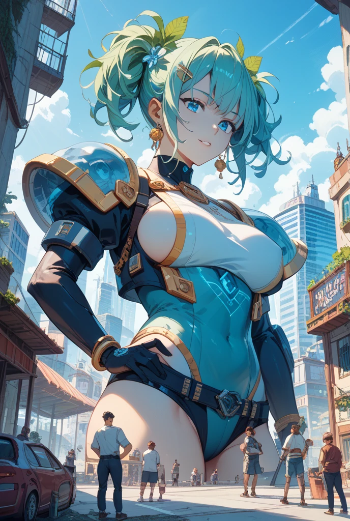 ((Cyborg woman)), ((robot body)), Cheering, break, short hair, ((green hair1.5)), (cat ears a green), bob cut, (((4 defined fingers))), (((1 defined thumb))), (looking at viewer), break, sexy, ((solo)), (1 cute girl), ((highest quality)), ((masterpiece)), (familiar),  skindentation, perfect face, 8k , break, black eye, medium breasts, perfect limbs, (visible nipples:0.9), (camel toe:0.5), sexy, (sexy pose), (dutch angle), from below, dynamic pose, deltamon, Sunny weather, ((metallic costume)), (Smile),