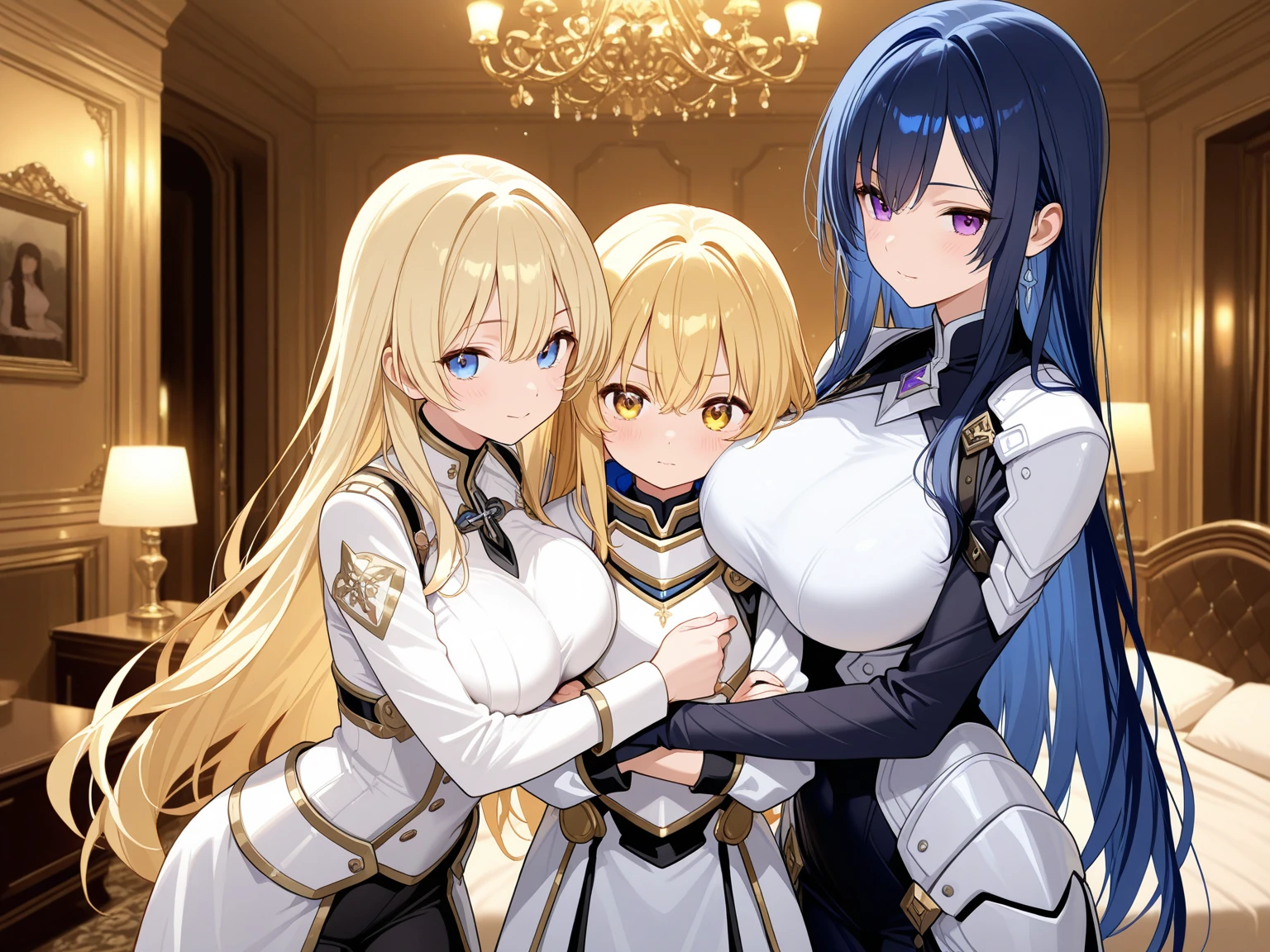 a masterpiece of,(perfect anatomia:1.4), best qualtiy, high_resolution, Fine details, highly detailed and beautiful, Distinct_image, (Four Girls), , a blond,Red-eyed, standing split,(huge-breasted), (tits out),Curve,Full body,(weddingdress),(thighhigh),brownish colors,Egyptian costume,all-fours,(Bedroom),all-fours,((steam)),The dim