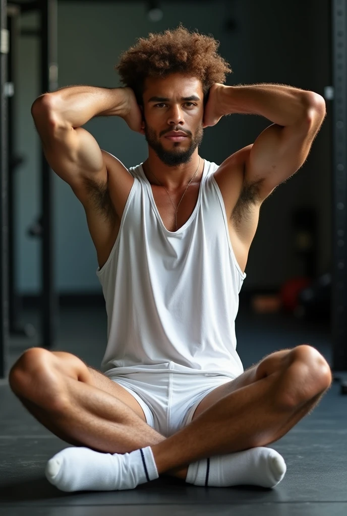 A man with brunette skin, short brown hair, in a meditation position with his eyes closed and hands in a prayer position. He is wearing lilac pants and is shirtless, showing a defined abdomen. The image should be full-body, highly realistic, showing the man in a meditation pose in an entirely white temple with a white floor, white stone walls, white ceiling, and white columns.