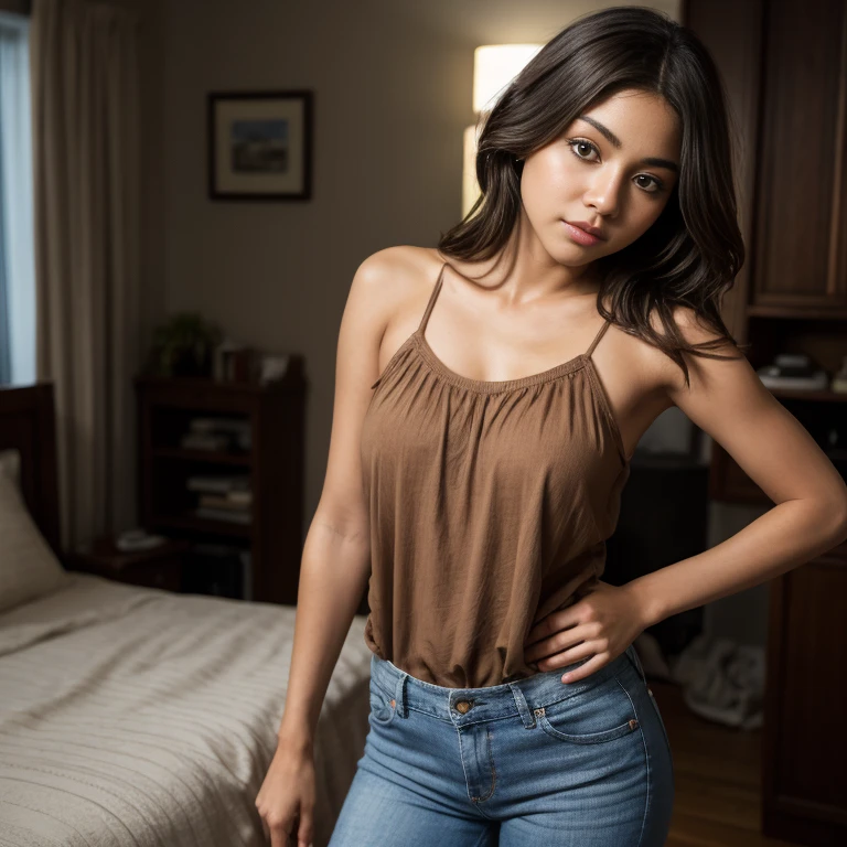 masterpiece, best quality, 1 girl, solo, beautiful African and sensual Asian mixed 19 year old, ebony skin female, wearing blue t-shirt, bell bottom jeans, long, frizzy, curly dark hair, perfect face, long hair
