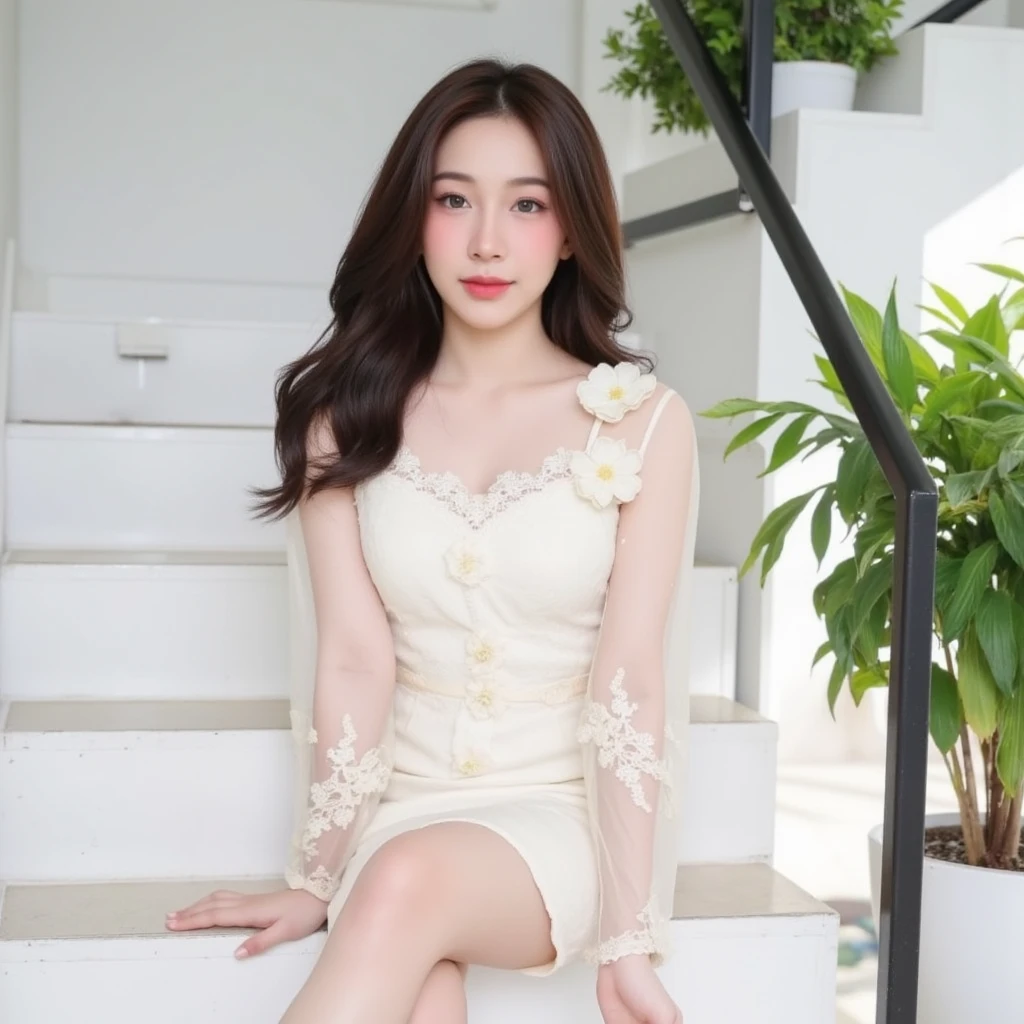 ((Best high quality:1.2)), (8k), extremely detailed, ((High detail:1.2)), (KKKDoVal woman), Solo, 24 year old Korean Ulzzang female, (dress), (fix his hand to be anatomically correct),