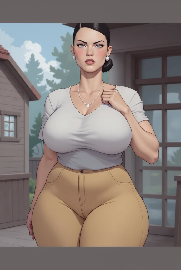 (best quality:1.3), (4K quality),masterpiece, best quality, high res, detailed, 1girl, solo, a woman looking at the viewer, bbw, outdoors, mature female, milf, a 42-year-old Latina woman, (tan-bronze skin:1.5), red lipstick, mascara, eyeshadow, (Wearing: red tank-top, shiny black leggings and red heels:1.2), she has a wide frame and plump figure, she have long brown hair, amber colored eyes, on the streets of Los Angeles