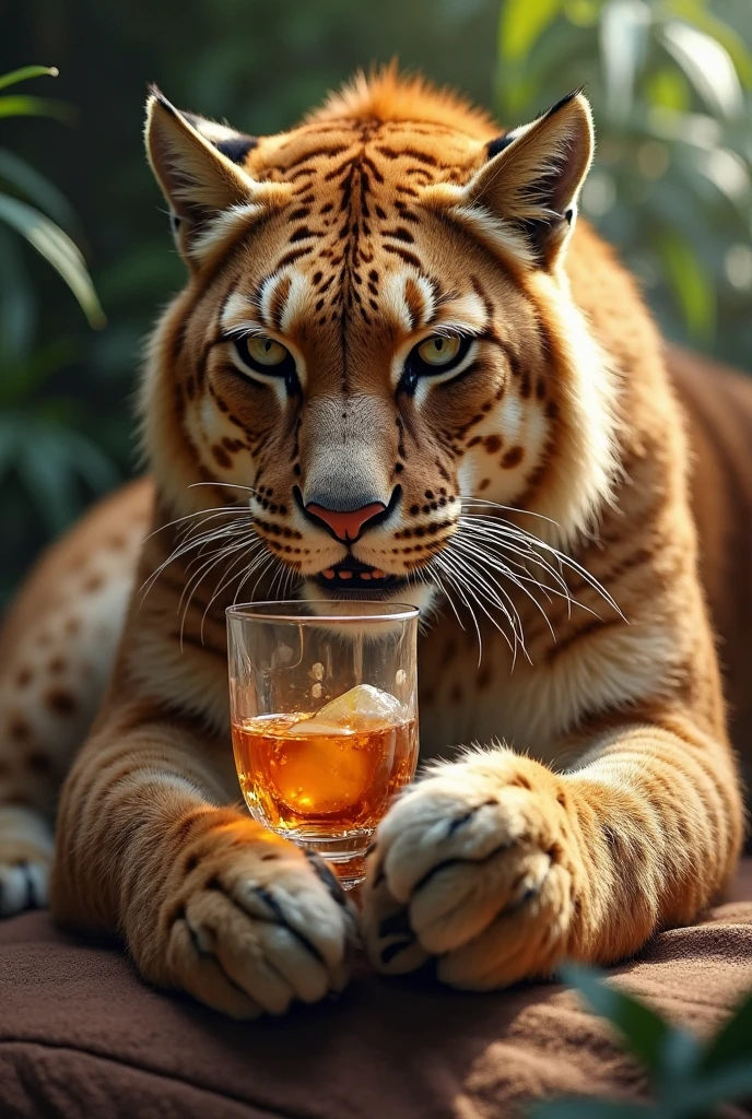 Elegant lioness without mane paw with nails painted in Jaguar skin next to a sophisticated drink ultrarealistic
