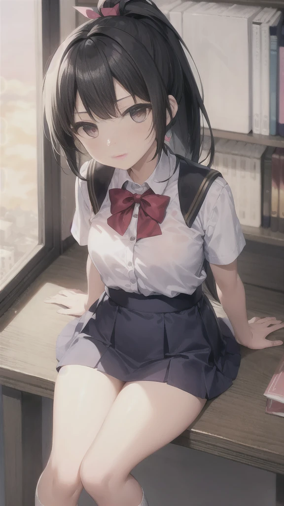masterpiece, highest quality, Very detailed, 16k, Ultra-high resolution, Cowboy Shot, 17-year-old female, Detailed face, (blush:1.5), (Embarrassing:1.6), Super big , black eye, Black Hair, Long Hair, Braid, jcf, shirt,skirt, School classroom, (Skirt flip:1.7), (Lift up the skirt:1.7), (Roll-up skirt:1.3), (Full-fledged panties:1.5), (Black panties:1.6), Sexy panties, upright