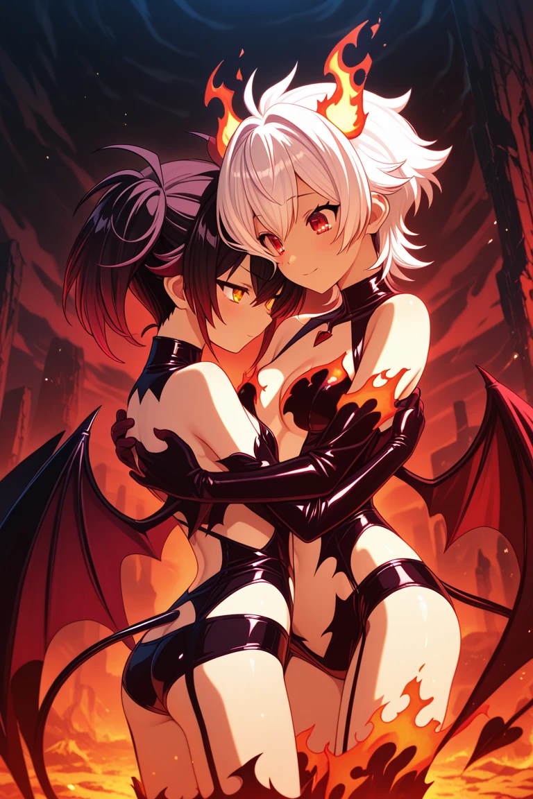 gorgeous demon girl, short silver hair, amber eyes, red and black horns, red and black dragon wings, red and black short sleeve body suit, chest exposed, blood sword, chains, evil grin, black high heel boots, black lace gloves, black lace necklace with rubies, dragon tail