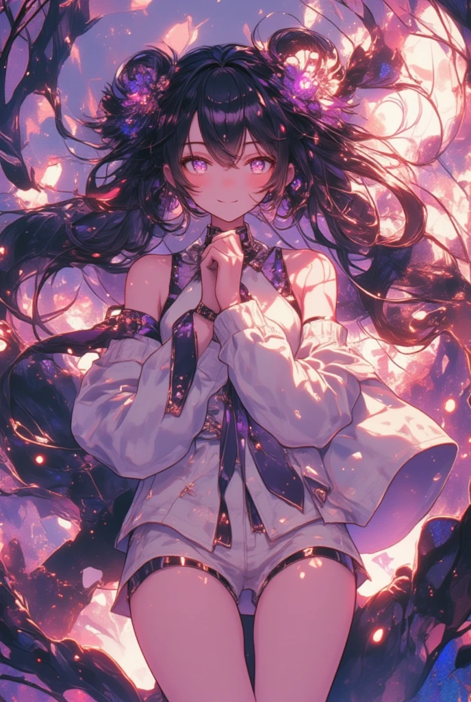 ,Dynamic composition,{{Very Aesthetic}},{{masterpiece}}, {{{Highest quality}}},{{Very detailed}},1girl solo, airborne levitation,Hologram woman floating in the air ,knees up,loose-fitting blouse, skirt, See-through high socks, shoes,Slightly luminous with holograms.looking at viewer,smile kindly,white panties,computer room