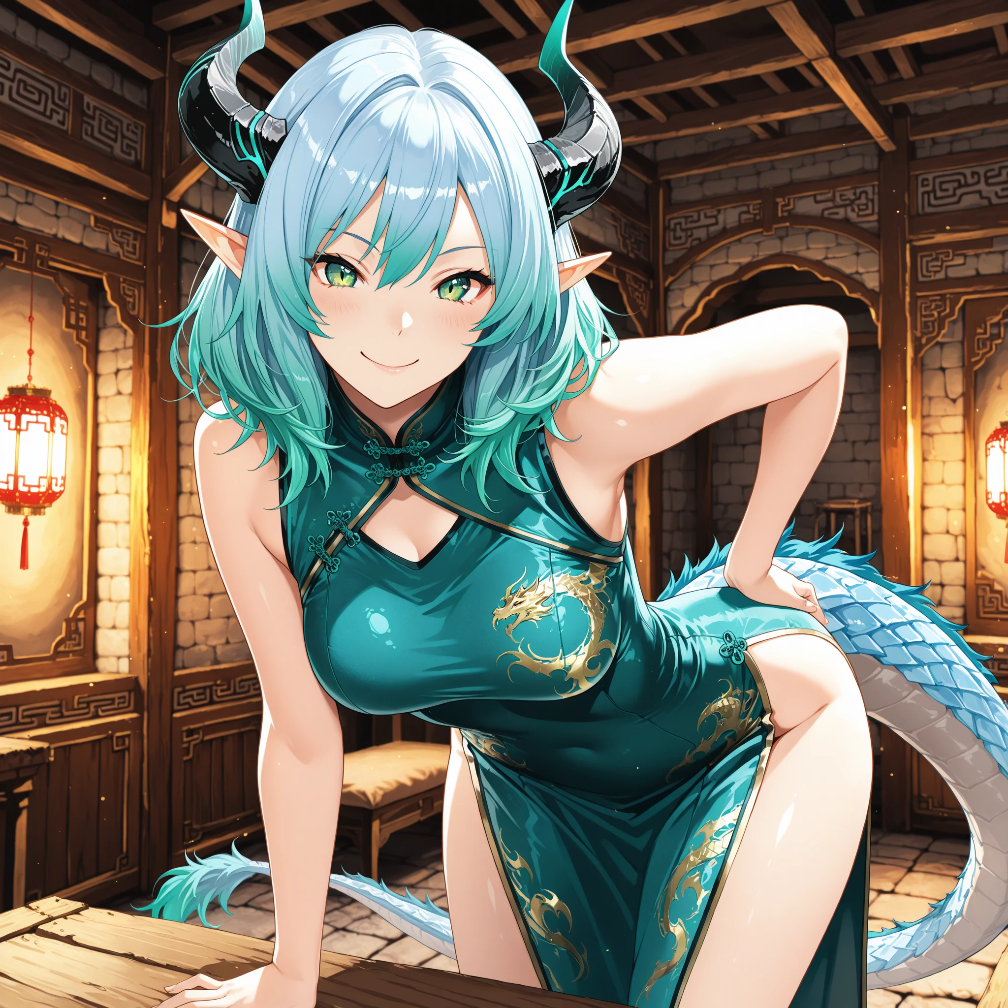 cute young girl, light blue hair, long hair, small braids hair, yellow eyes, dragon horn, dragon tail, elf ear, muscular body, small breast, sexy chinese outfit, fight with dagger pose