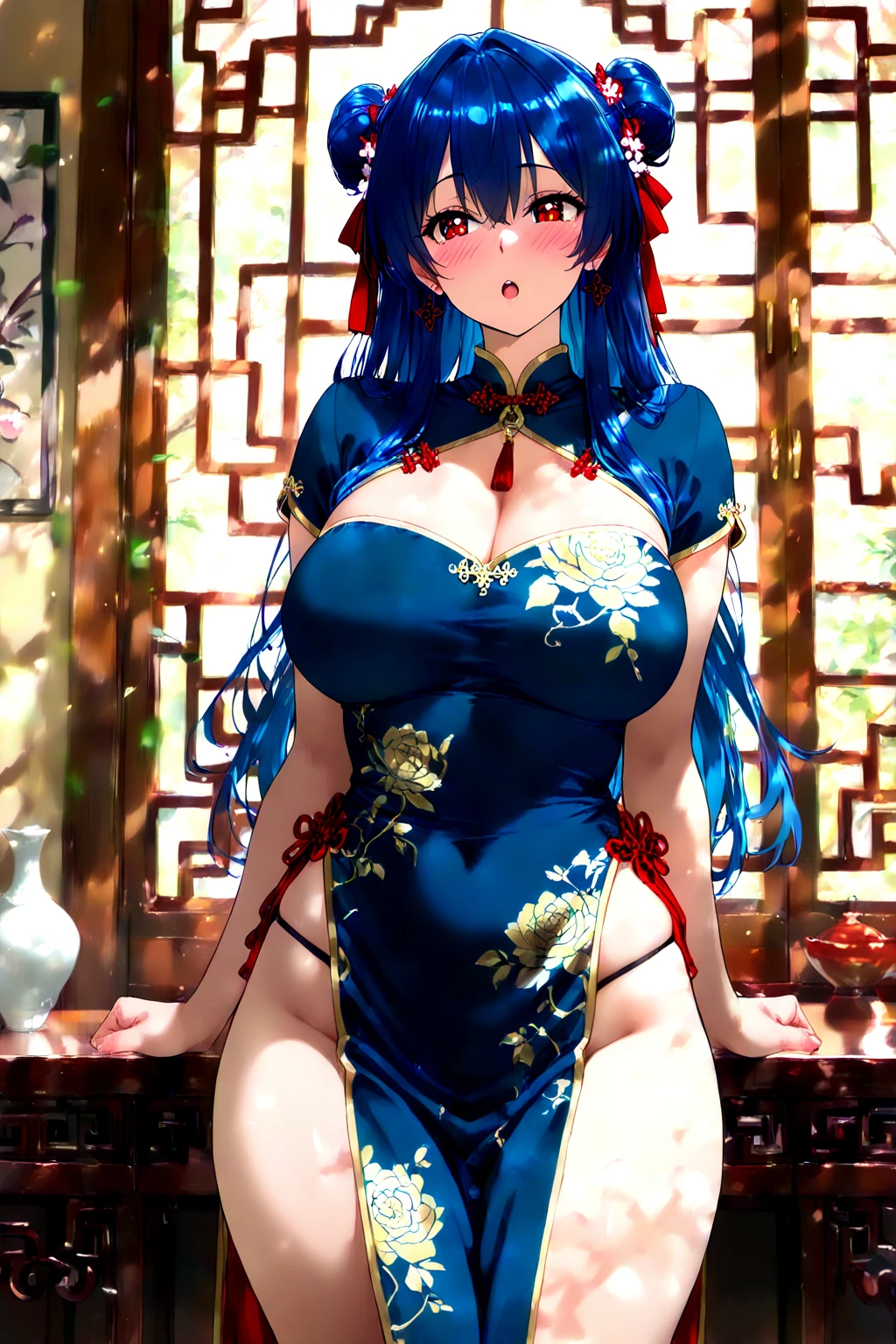 best quality,masterpiece, an extremely delicate and beautiful, CG,extremely detailed ,highres, extremely detailed,depth of field, 1girl,beautiful detailed girl,blue_hair, long_hair, beautiful detailed red eyes,(makeup:1.2),Red lips,light on face,(seductive smile:1.2),big breasts,Cleavage,(thigh),red Belly tattoo,(Breast Plum blossom tattoo),gufeng1,indoor,(screen:1.2),Plant decorations,(cowboy shot:1.5)