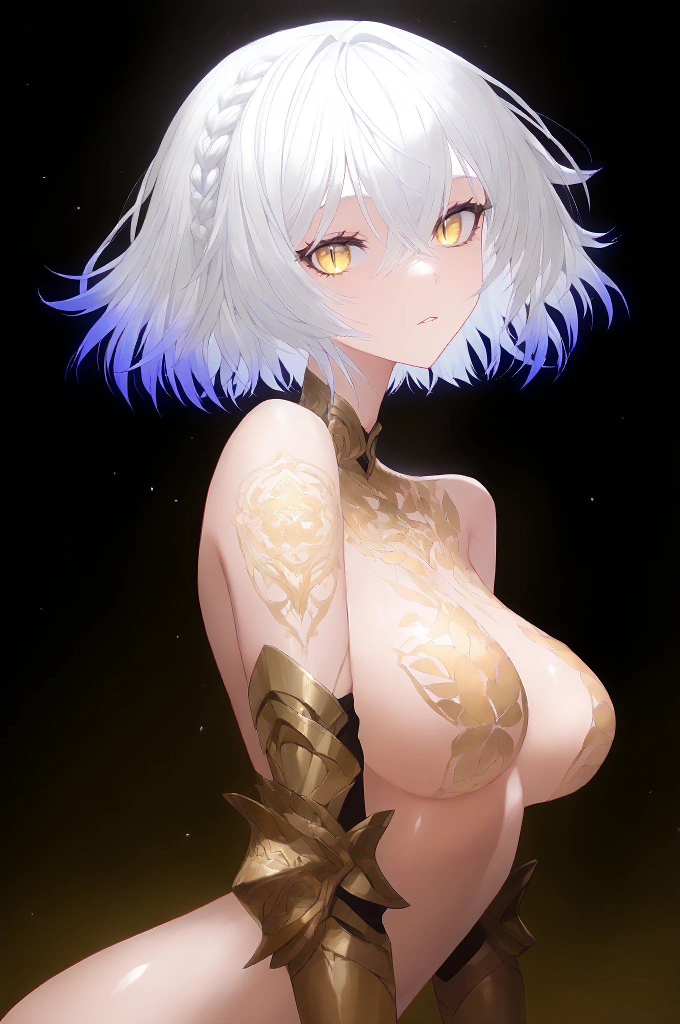 1 beautiful woman, tanned skin, short silver hair, ((golden eyes, detailed eyes:1.2)), medium breasts, wearing sexy superheroine costume, sleeveless, sideboob, elegant, sensual, (masterpiece, top quality, best quality, official art, beautiful and aesthetic:1.2), extreme detailed, colorful, highest detailed, unreal engine 5, 8k