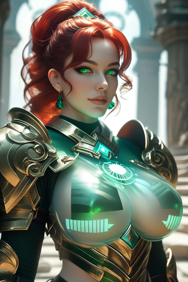 (masterpiece, top quality, Best quality, official art, beautiful and aesthetically pleasing:1.2), (1 girl, Short, Red hair, green eyes, metal frame glasses, smile:1.3), extremely detailed,(fractal art:1.2),colorful,The most detailed,(confused:1.2), (dynamic pose), (abstract background:1.5), (traditional outfit:1.2), (Shiny skin), (Many colors:1.4), upper body. ((elegance. photorealism. unreal engine. 3D model. Ultra high quality textures. high detail. permission 8k))