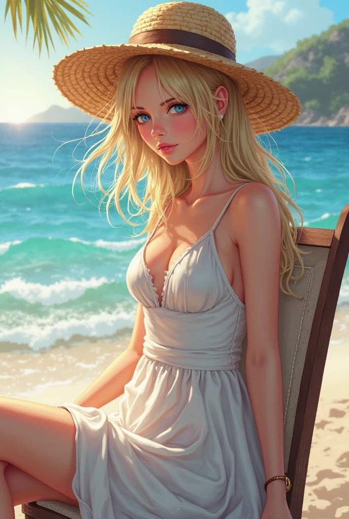 (((Blonde stunning hair))), (blue eyes), blue necklace, Golden earrings, Fit, Gorgeous Body, gorgeous, brown eyebrows, (two moles over lip), big pupils, (23 years old), 1girl,solo, complex skin, warm light, (large breasts), wide thighs, round butt, 5 fingers, ((blushing)), ((detailed face, best quality)), ((masterpiece)), ((ultra-detailed)), (beautiful detailed eyes), red lip, eyeshadow, beautiful face, long hair, very detailed eyes, intricate details in eyes, perfect lips, good lighting, cleavage, ((smug face)), sexy short dress, ((showing off cleavage)), (sitting with knees folded on beach, sandals, sandals up, feet focused, smirk:1.4), (full body , from below, pov:1.5), beautiful toes, toenail polish
