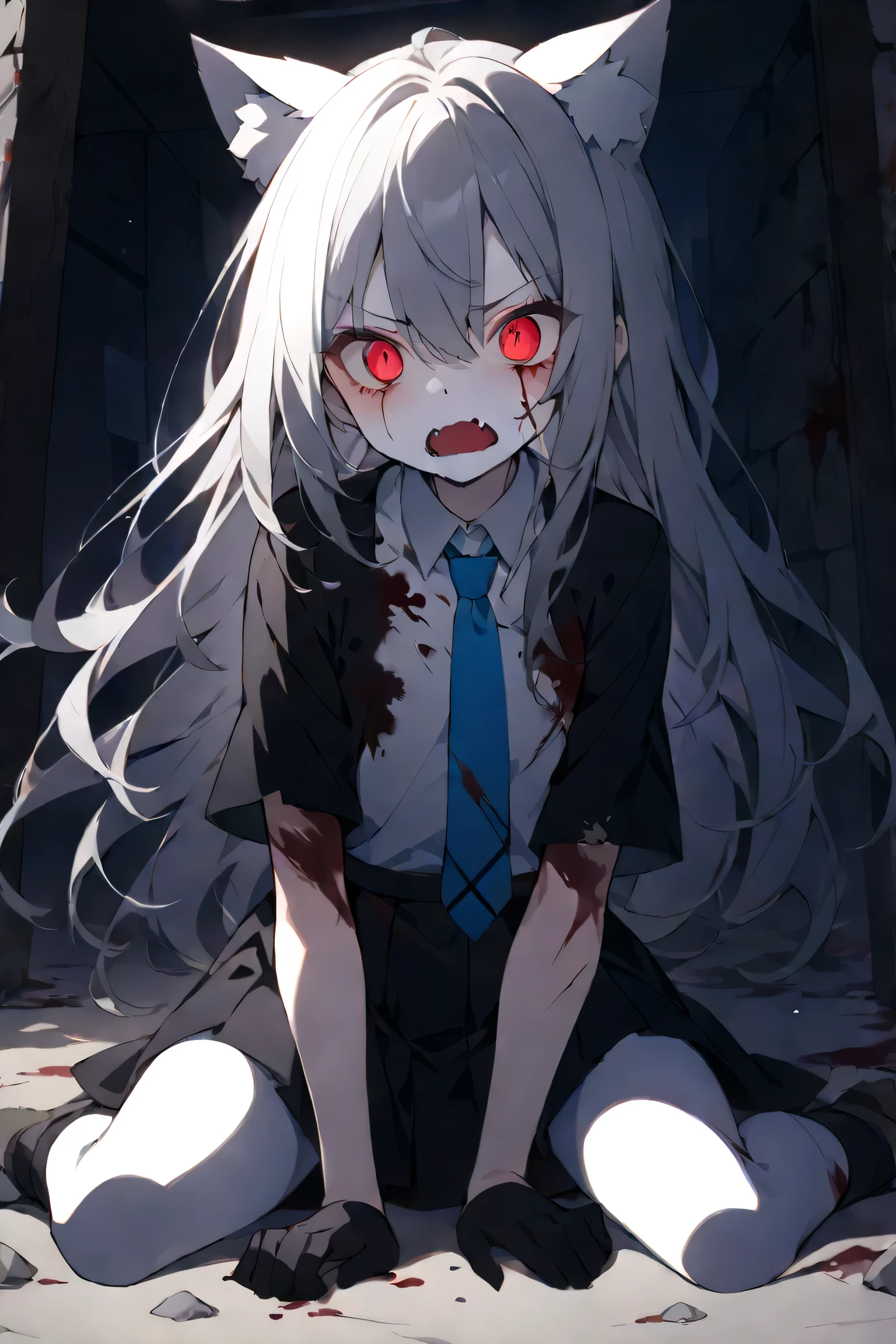 Sweating, Lillie, school's uniform, blood everywhere, girl covered in blood, looking at viewer pissed, side view,