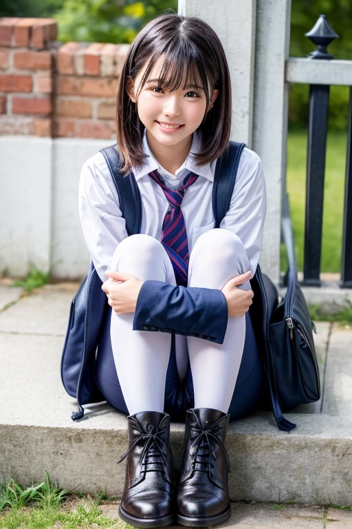 Japanese、Beauty、Black Hair、Bob Hair、18-year-old、high school student、whole body、Wearing knee-high socks、Real、high resolution、Color is uniform、Skin is natural