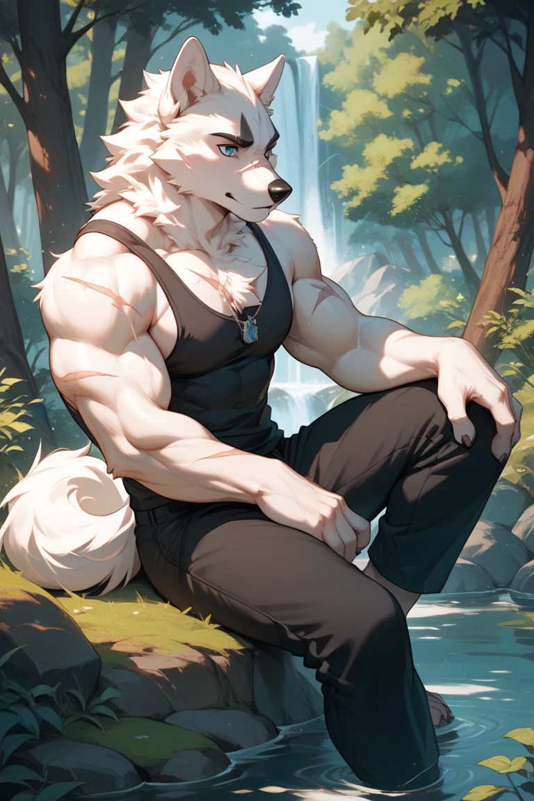 (upload on e621) (Masterpiece) (by Drks) (best quality) (ultra high res) 4K (8k HD) 2D (perfect anatomy) (digital art) (official art) (extreme detailed) (ultra detailed) (strapsanime) color (soft shading) (sharp focus) (waterfall background) 1man silver body fur silver belly detailed fluffy fur (ultra detailed face) detailed eyes detailed iris eyes detailed silver eyes (white sclera) black pupils big navel abs bare pectoral (((huge black shiny nipples))) black claw nails furry wolf male mature male silver giant bulky muscular body fur giant size canid (((huge muscles))) (((hyper muscles))) huge pecs (((oversize pecs))) huge biceps (((giant biceps))) (((fullbody))) canine canis mammal powerful wolf god wolf male calm cool collected demeanor face badass wolf anthro solo standing (((wearing silver full complete sleeveless long trench coat jacket))) (((silver longest length hair))) (((silver longest length back fur hair))) (((silver longest length hair fur front lay on pecs))) (((perfect fingers))) (((five fingers))) dark black hands and fingers (((wearing silver fingerless gloves))) (((silver arm bands on his biceps))), (((three silver arm bands on his forearms))) (((dark black huge bead necklaces))) (((dark black huge longer bead necklaces around neck to pecs))) (((silver long wolf tail))) (((black long pants with silver lines with belt straps on both legs))) (((silver electricity and silver glitter aura flow entire body))) (((blue silver aura around his body))) (((crossed arm pose)))