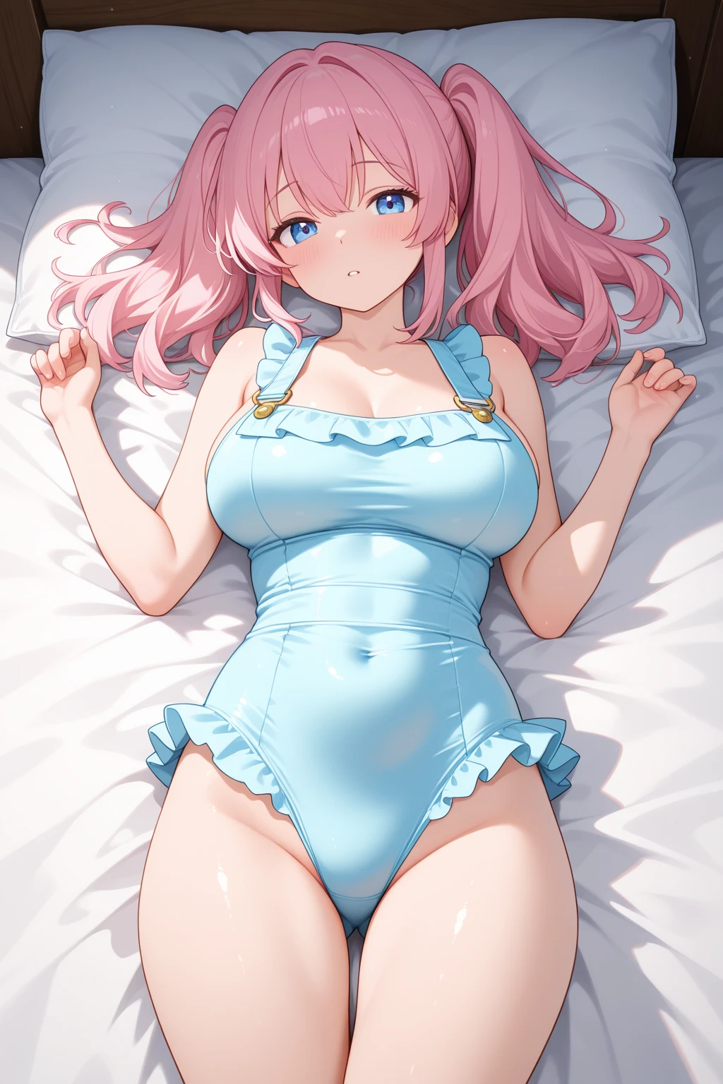 best quality, ultra-detailed masterpiece, nino nakano, one-piece swimsuit, breasts, pantyhose, blush, smile, cushion, bed room