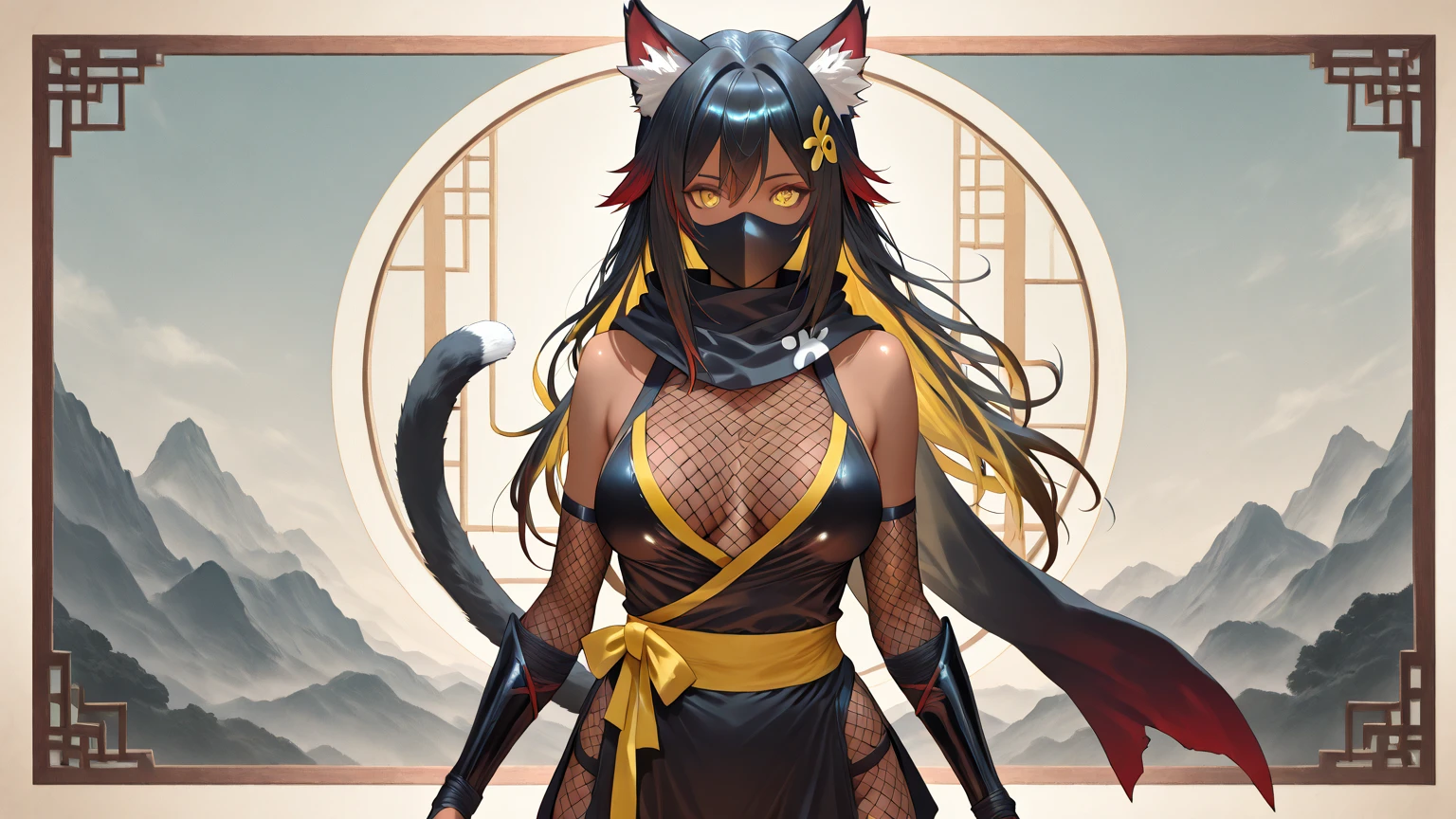 nekoyo chloe, jewelry, gloves, building, arm up,fishnet, night sky, dark-skinned female, highleg, hair between eyes, belt, thighhighs, solo, breasts, moon, tail, outdoors, cat ears, mask, leotard, multicolored hair, looking at viewer, elbow gloves, yellow eyes, cat tail, animal ear fluff, black hair, full moon, black gloves, shiny, arm behind head, sky, hair ornament, large breasts, dark skin, fingerless gloves, night, bare shoulders, covered navel, mouth mask, thighs, necklace, ponytail, animal ears, cleavage, skindentation, two-tone hair, armpits, streaked hair, pelvic curtain, long hair, 1girl, cat girl, fishnets, blonde hair, bangs