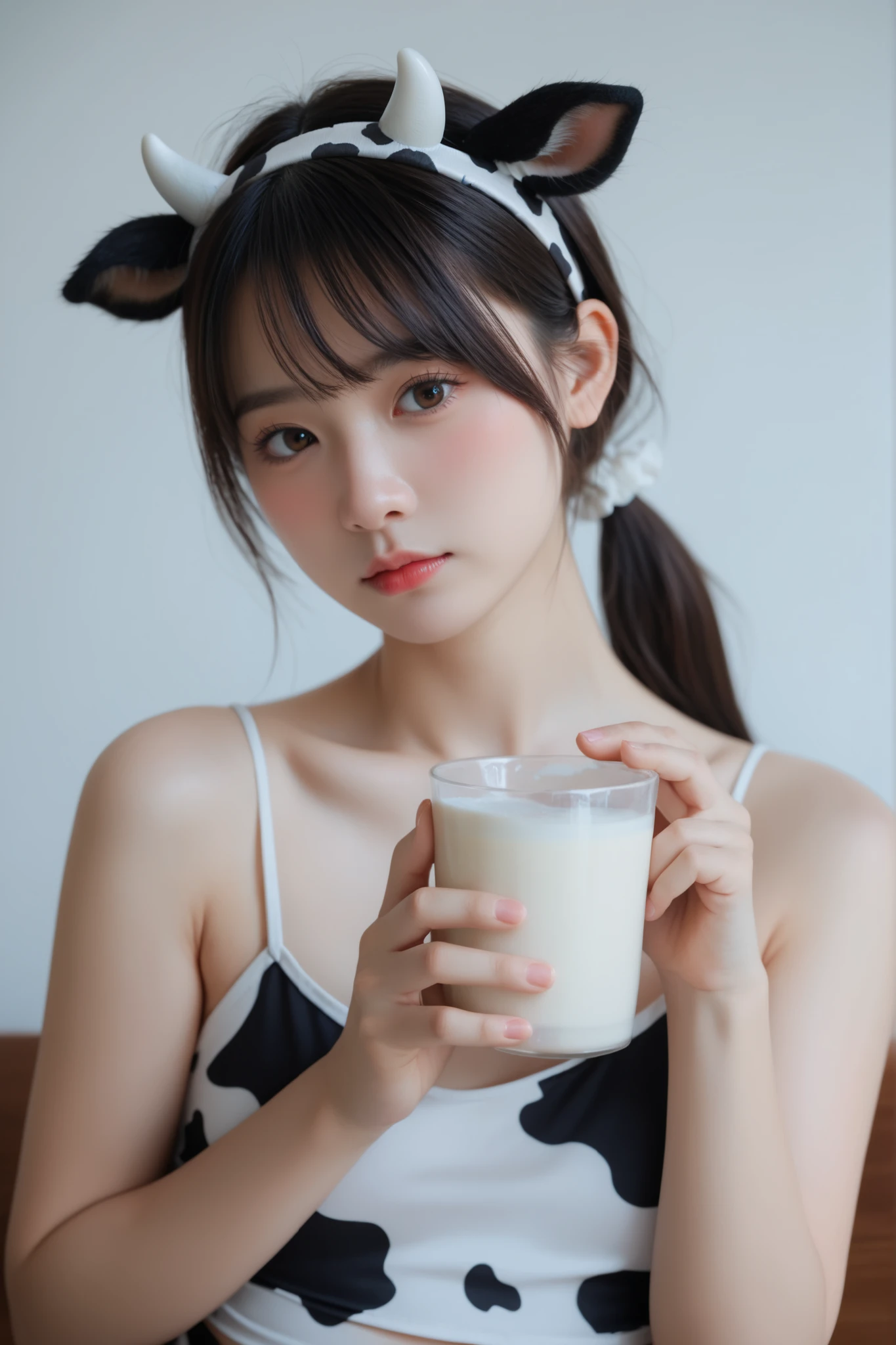 Kawaii anime fox girl with milk on her clothes and on her left cheek 