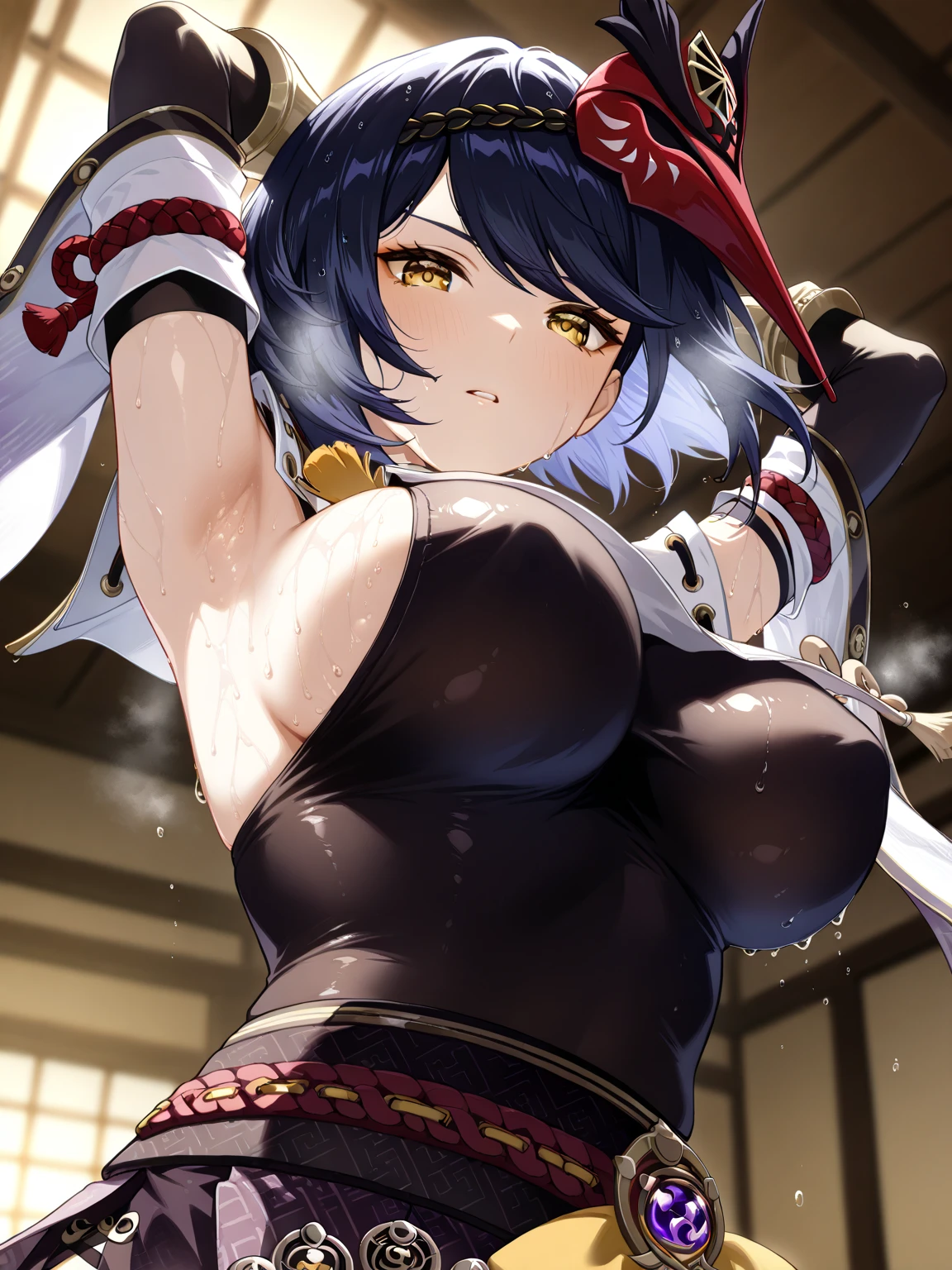 1girl,solo,super detailed skin,shiny skin,wet oily skin,expressionless face ,half open eyes,eyelashes,lips gloss,pale blue hair,short straight hair,sidelocks,large breasts,straight katana,Japanese armor , Japanese chest armor ,Japanese knees armor,wide-angle lens, cowboy shot,simple background ,masterpiece,best quality,ultra detailed,high resolution,sharp focus,depth of field