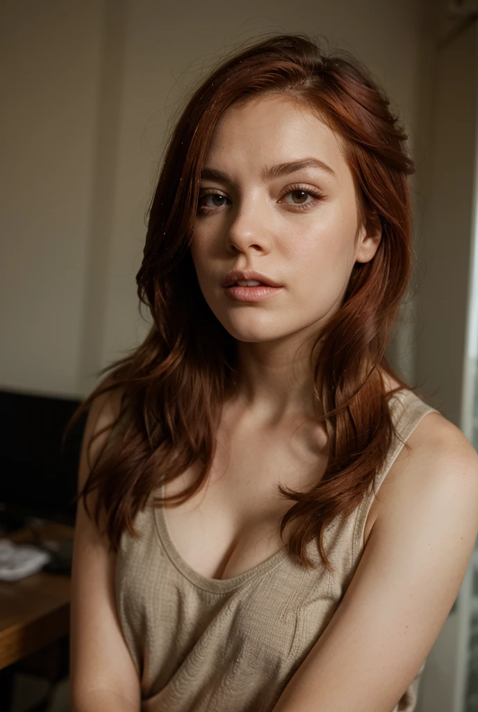 Wavy brown hair, (RAW photo, realism: 1.8), (very dark lip gloss, jet pink lipstick, many eyelashes, dark black eye shadow, shy, blushing, high quality, high resolution, chromatic aberration, caustic, wide light, natural colors, 20 year old woman), necklaces, chokers, earrings, bracelets, wear many accessories, style A good woman,l, silk pink shirt, standing, posing for photograph, beautiful skin, lots of exposure, very line, looks delicious, lips that make you want to kiss, scruffy futon, giant rose farm field, golden sun in background,