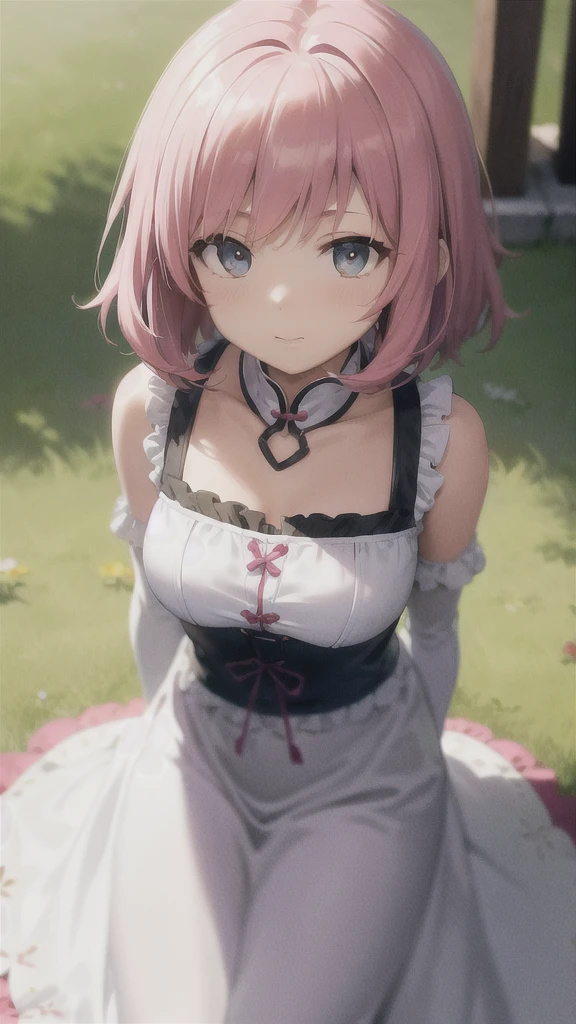 ((hyper super ultra detailed perfect piece)),illustration, masterpiece,(extremely detailed CG 8k),(very fine 8K CG) (((1girl))), amazing, girl, 18 years old, light-pink bob hair, middle breasts, slender weist, smile, beautiful eyes, purple eyes, yellow twinkling eye, jewel in the sparkle galaxy, smile, cowboy shot, ((hyper super ultra detailed perfect piece)), illustration, masterpiece, (extremely detailed CG 8k),(very fine 8K CG) ,(((1girl))),smile, flower field, perfect hand, , wedding dress, dress, sky, medium hair,

