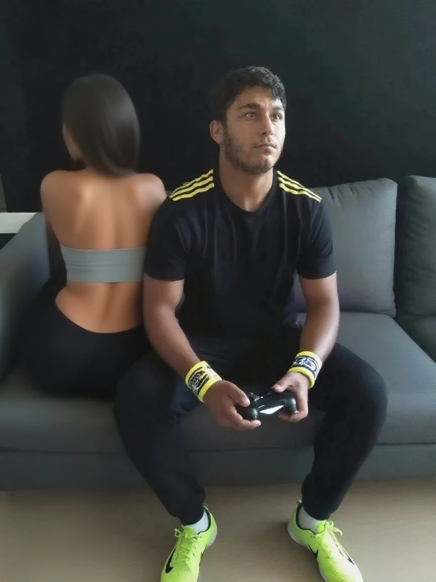 Hot woman with ass and football fan outfit, man with football shirt and another watching television, cuckold alta qualidade, Kinematic, Seduction scene