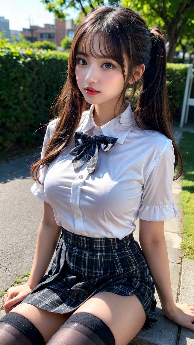 whole body, Angle from the front，(Student uniform with tie on chest)，Japanese woman standing in the city，(The navy blue pleats are open),Ultra Mini Navy Blue Pleats，Slim and beautiful thighs，((One Girl,Panty shot)),Wearing white panties，Black-haired，Twin tails，Large Breasts，Slender，Narrow waist，A seductive smile，Cute face,Gravure idol pose，Highest quality，masterpiece，Vivid as a photo，Realistic，Realistic，Ultra-delicate，Ray Tracing，((8K quality)),Detailed Background