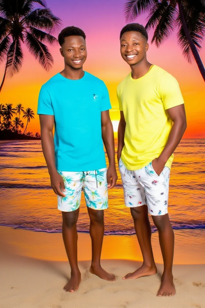 Photorealistic portrait of two young 18-year-old black men relaxing on a Caribbean beach in skimpy swimming trunks. They should put their arms around each other and smile at each other. A youthful and vibrant appearance, with distinct features reflecting his ethnicity. The setting is a sunny Caribbean beach that captures the essence of a relaxing atmosphere. The young person should appear comfortable and at ease, and his face should have a gentle expression that embodies a sense of peace and contentment. The lighting should be natural, highlighting its features in the bright Caribbean sun.