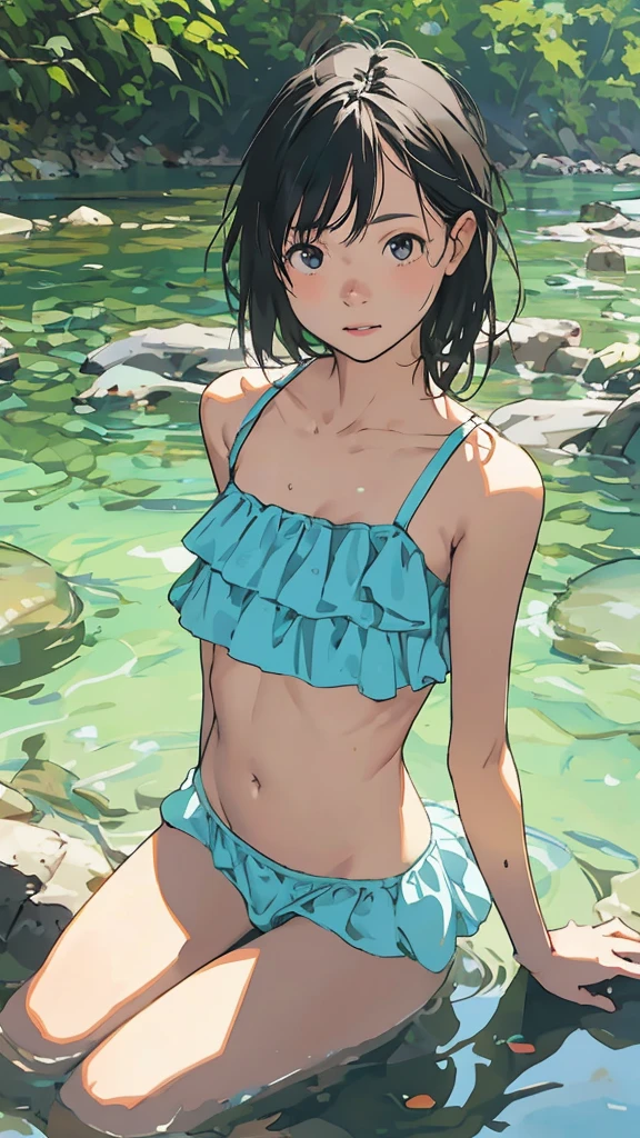 best quality, (beautiful),illustration style, anime style, masterpiece, extremely fine and beautiful, illustration,Forest,
(Girl strongly rowing on a swing:1.3),
1 girl,(child:1.3),((happy:1.2)),
((tank top:1.2)),(miniskirt),(dynamic angle),cute face, thin eyebrows, thin lips, big eyes, black hair, black eyes,small breasts,Wind,((showing panties)),