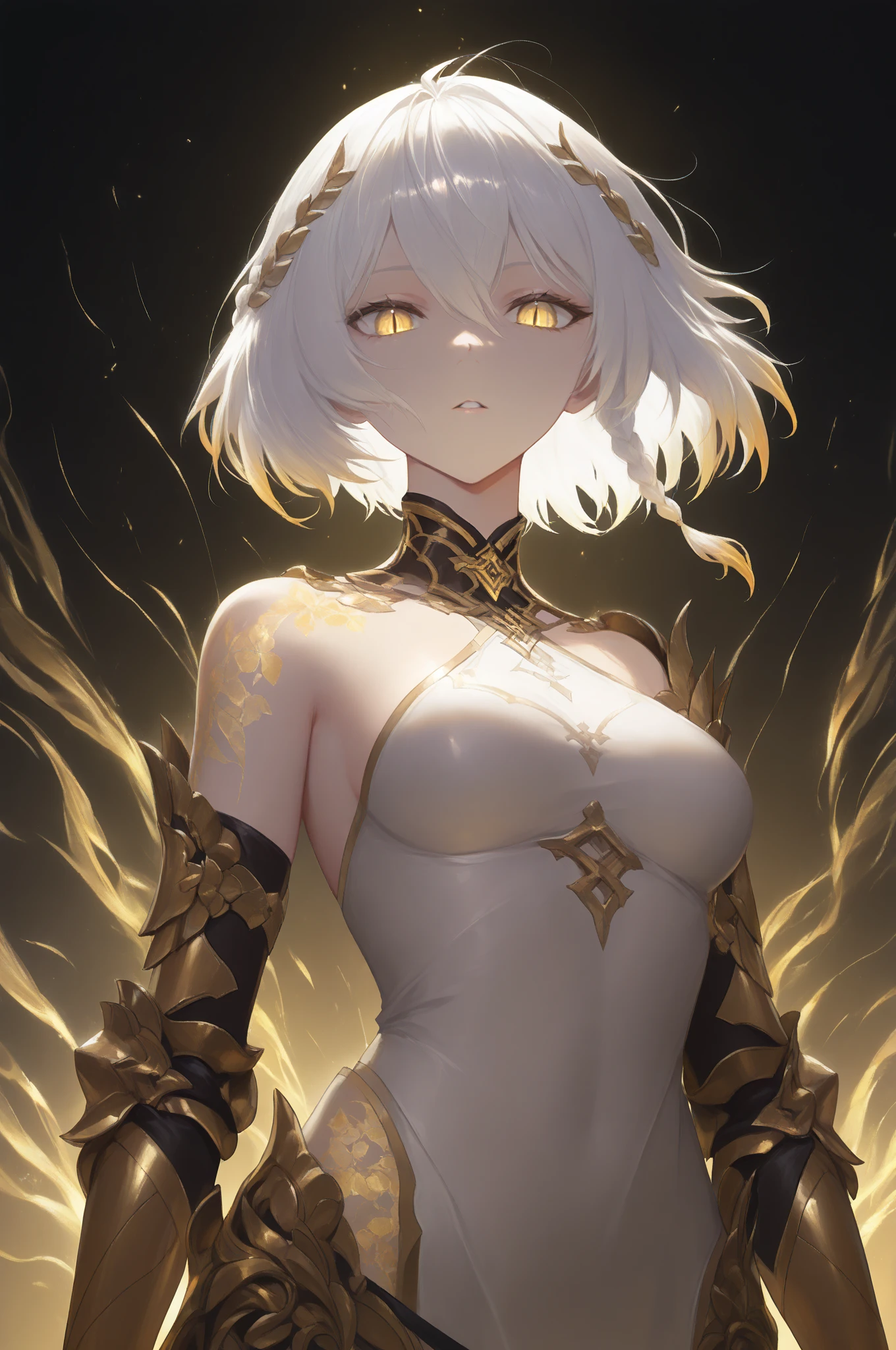 (masterpiece), best quality, expressive eyes, perfect face, big breast, light robe, white and yellow robe, long white hair, hair over eyes, hair covering right eye, white skin, evil, yellow eyes, dark magic, Milf, looking at viewer