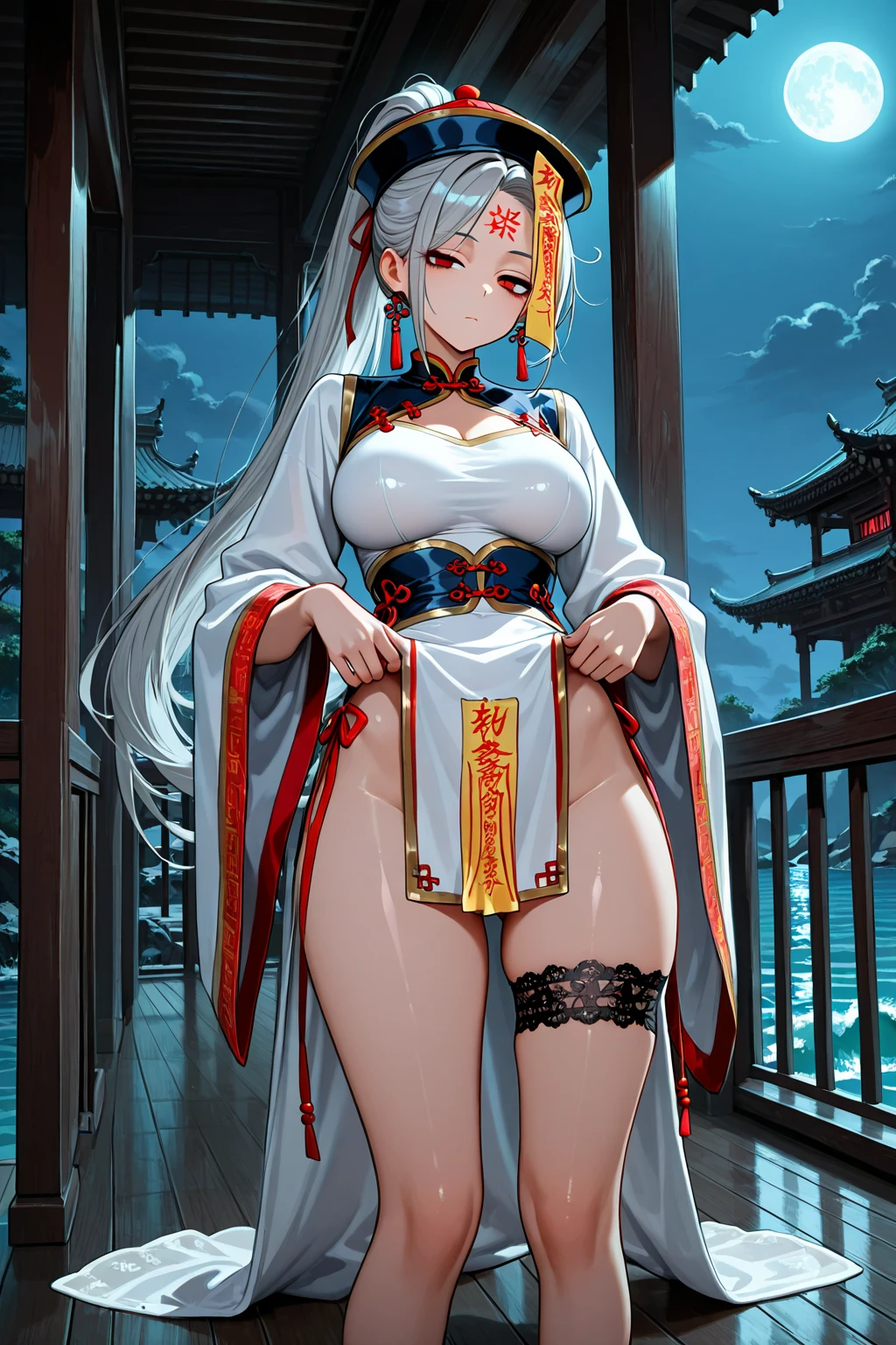 a beautiful girl, Beautiful face, Beautiful body, Plump, ((shrine maiden)), Priestess clothing, white hair, gloves, long hair, bangs, blunt bangs, hair decoration, full body visible, Japanese Shrine, torii gate, Lamp , wide angle, Moonlight, 8k, accurate, anatomically correct, textured skin, high detail, best quality