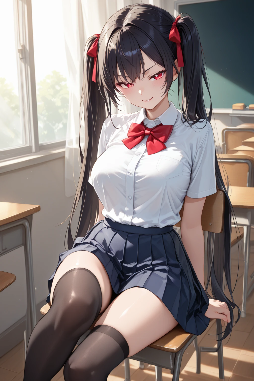 Marin Kitagawa, classroom, sexy, white shirt, white heels, black skirt, black pantyhose, red nails, red tie, fullbody, perfect body, detailed face, detailed eyes, large breasts, sitting on desk, (best quality,4k,8k,highres,masterpiece:1.2),ultra-detailed,high quality,intricate details,elegant,sensual,dramatic lighting,beautiful colors,vivid colours,seductive pose,smiling,mocking