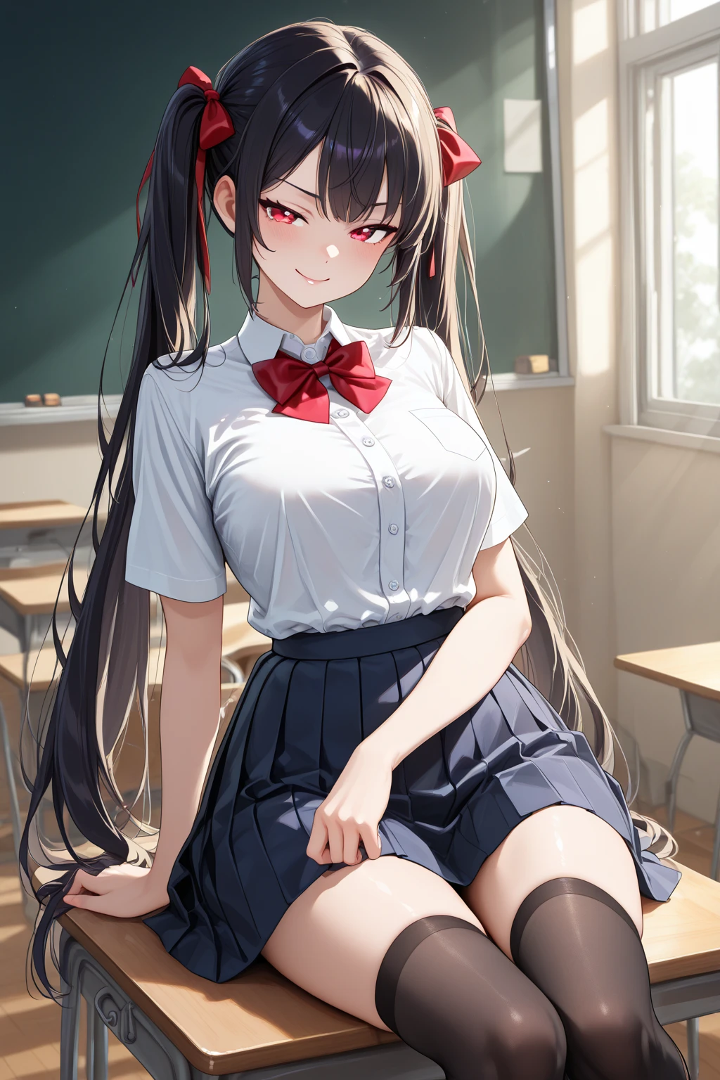 highest quality、masterpiece、超High resolution、(realism:1.4)、Raw photo、One girl(highest quality、High resolution、4K、Detailed lighting、Shaders、Perfect Anatomy、Perfect proportions)、In the eye of the beholder、(masterpiece、highest quality)(highest quality、4K、8K、High resolution、masterpiece:1.2)、Very detailed、(Real、Real、realism:1.37)、(masterpiece:1.3、highest quality、超High resolution、Super detailed)、(Real、realism:1.4)、(highest quality:1.2)、Perfect Eyes、Perfect Face、Perfect lighting、(highest quality、4K、8K、High resolution、masterpiece:1.2)、Very detailed、(Real、Photorealistic、Photorealistic:1.37)、(highest quality、4K、8K、High resolution、masterpiece:1.5)、Very detailed、(Real、Photorealistic、Photorealistic: 1.5)、 masterpiece、highest quality、Super detailed、highest quality、High resolution、32K CG、Very delicate and beautiful、An illustration、High resolution、Sharp Focus、Front Lighting、shine、1 girl、solo、smile、very beautiful and detailed anime face、Very detailedなゲーム CG キャラクターの目、((masterpiece))、((highest quality))、(Super detailed)、((cute))、cute、((Very detailed))、4K、(8K)、highest quality、(((A high school student with black hair in twin tails)))、((Panty shot))、(((Embarrassed red face)))、((Small breasts))、(((She lifts up her skirt to show her cute white panties)))、((White socks))、((Knee plaster))、(((In the middle of the classroom)))