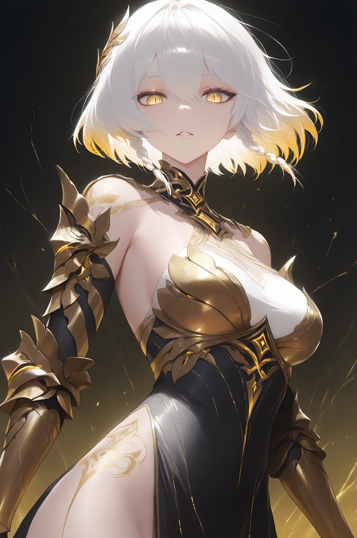 realistic, hyper detail, girls only, height: 176cm, 25 years old, dynamic lighting, ((bold imaginative poses)), (Glossy skin: 1.5), highest quality, confused, audience, ((blonde hair)), (Asymmetrical shorthair,braided hairstyles), Beautiful deep purple clear eyes, fine eyes, eyes like jewels, colorful eyes, sparkling eyes:1.3)), thin, High resolution, sharp focus, Depth of written boundary, eye for detail, clear eyes, (realistic eyes)), (palace), sunrise sky,  ((He wears silver armor with intricate patterns.: 1.6)), ((D cup upward facing chest, big tight butt)), ((reach out to your audience:1.6))