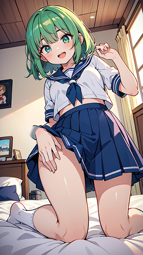 ((A Pretty high school girl is kneeling on the bed)), ((wearing the sailor suit and blue skirt)), Baby face, ((top-quality, master piece, ultra-definition, high resolution)), anime girl, ((ultra-detailed illust:1.2)), 1 girl, bangs, hair between eye, green colored hair, beautiful hair, blue colored eyes, Shiny eyes, ((detailed eyes:1.2)), medium breasts, Big smile, enjoyed, laughing, opened mouth, in the bedroom, at dusk, ((view from below))