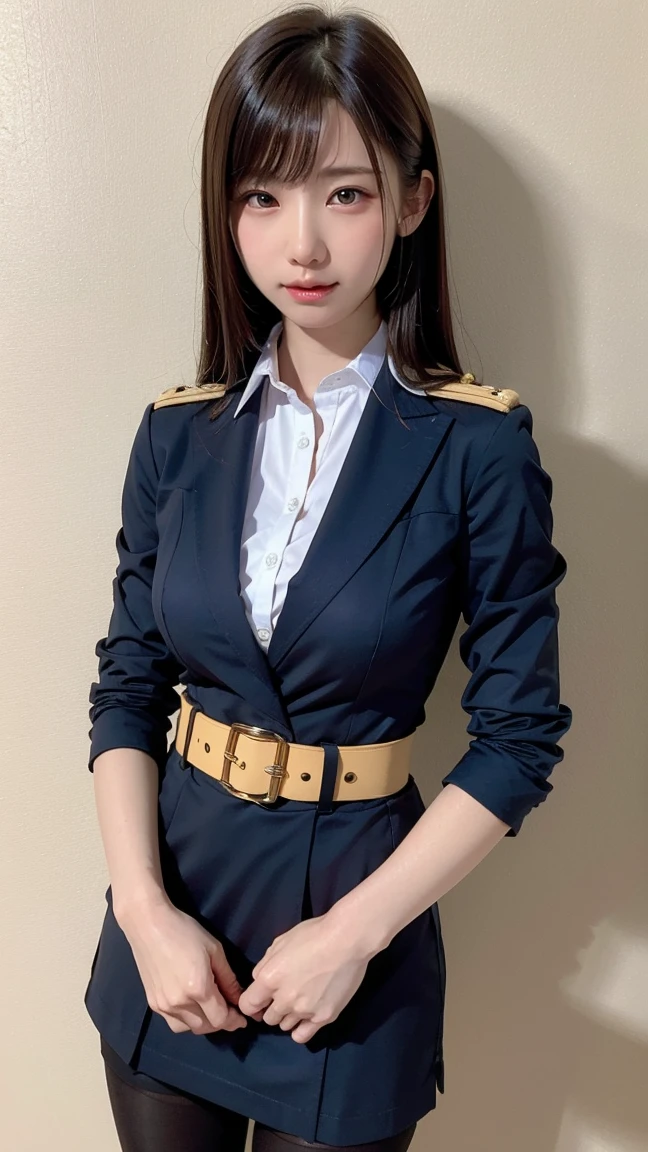 Highest quality、masterpiece、8k、Very detailed、Realistic、Looking at me with a smile、whole body、Black Hair、Short Hair、Small face、Slender、(Very large breasts:1.2)、Thin and beautiful legs、narrow and constricted waist,、(Tight reception uniform:1.2)、Black jacket、Black short tight skirt