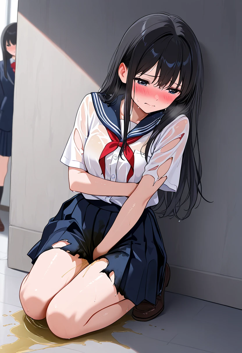 (Photorealistic:1.5), (​masterpiece、Highly detailed 8K CG、Sharp lines:1.2)、hi-school girl、A dark-haired、thighs thighs thighs thighs、Beautiful anime 、Smooth Anime CG Art、Beautiful anime 、Beautiful anime girl, (10year-old beautiful girl:1.4), Detailed skin, (gleaming skin:1.7)、short-hair、Beautiful black hair、brown Eye、(many streaming sweat:1.2), (flat chest:1.8), (pigeon toed), (gaunt:1.7), (latex student clothes:1.7), (a sailor suit:1.6), (Dark blue pleated skirt:1.6), (full body:1.4), solo, (one girl:1.4), standing, (looking away1.3), (from below:1.5), Inside the classroom, (blush:1.5), (anguish:1.4), (spread legs:1.4), open mouth, (Lots of clear drool overflows from her mouth and drips from her chin.:1.5), (half closed eyes:1.3), (Sweat pouring from her pubic bone:1.5), (crying:1.4), (leaning forward:1.4), (many Tentacles clinging to her:1.5), (Tentacle under clothes:1.5), (short sleeve:1.2)