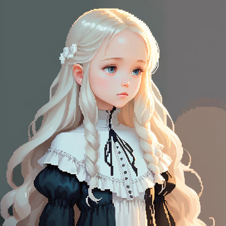Woman with golden eyes, platinum hair girl, pearl brooch in hair, Beautiful woman, White Victorian dress with white ties, Details with white frills on the dress, Light Summer Victorian Dress, lace collar with a Sky Blue ribbon on the neck , 26 year old, mixed race European girl with Korean and Greek features,((best quality)), ((masterpiece)), (high-resolution:1.2), Long hair, side bangs, pearl hair clip, trendy hairstyle, novel villain